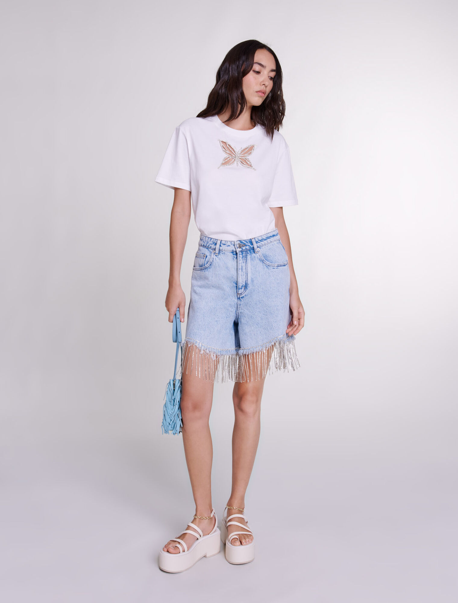 Short en denim à strass