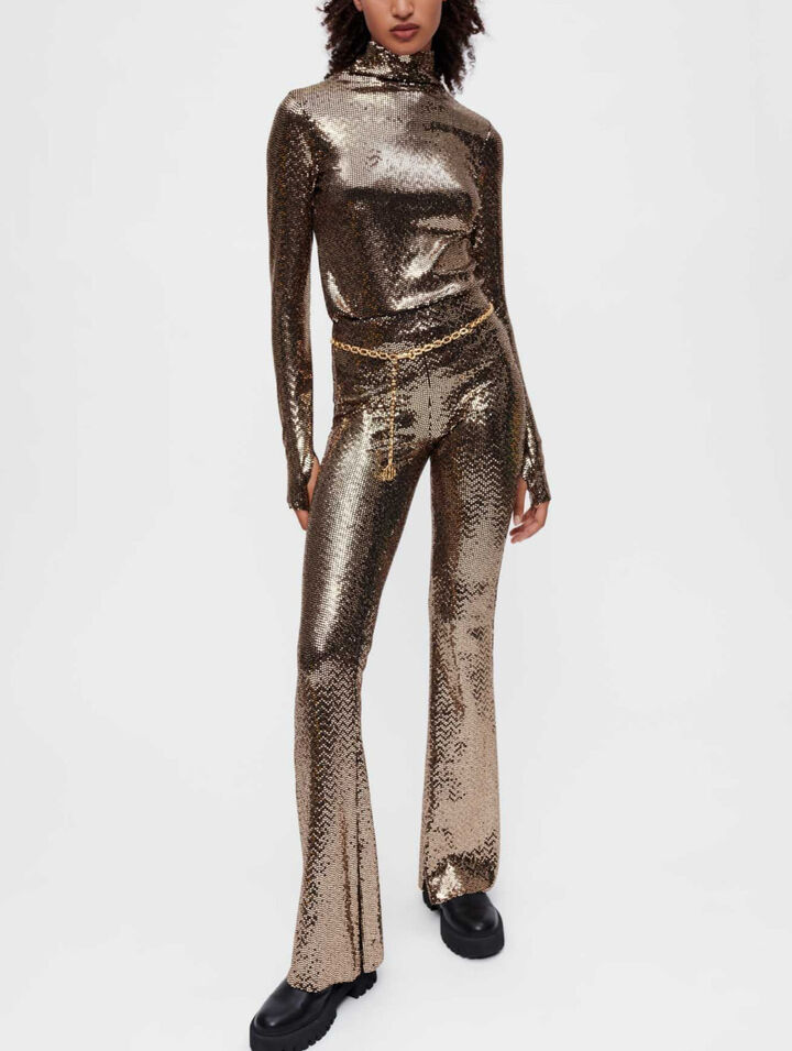 Sequin stretch and flare pants