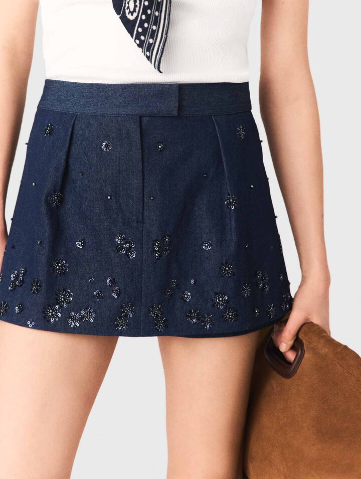 Short trompe l'&oelig;il en denim brod&eacute;