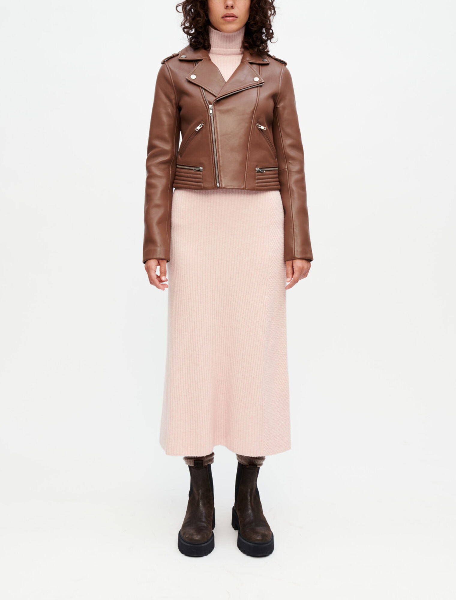 Blouson façon Biker en cuir camel