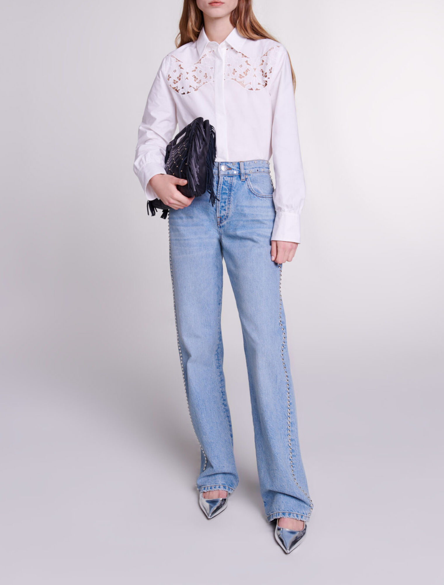 Wide-leg studded jeans