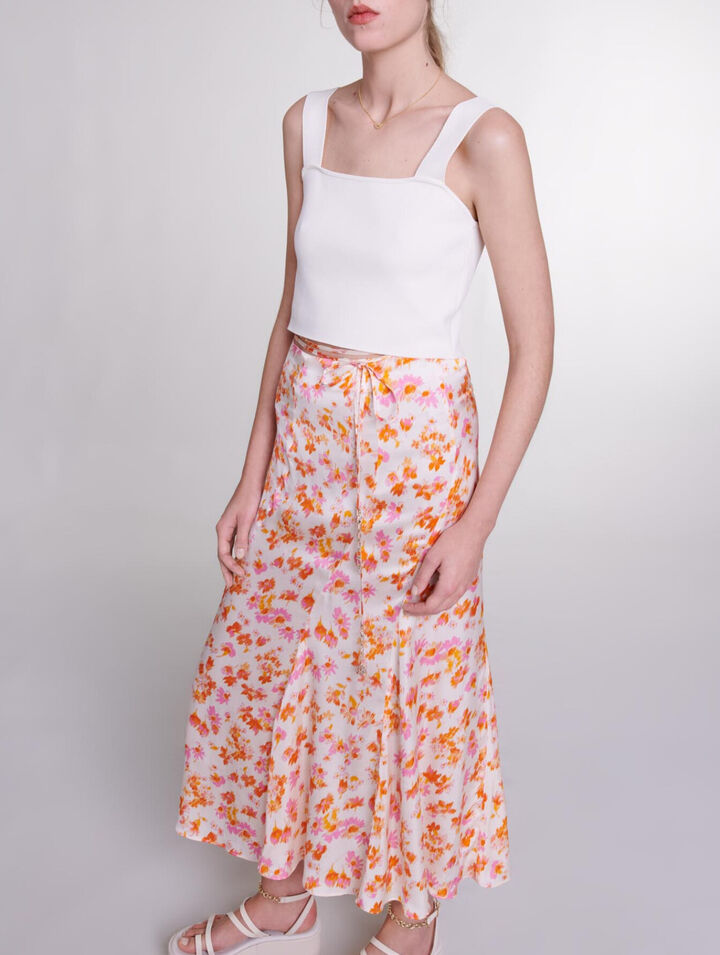 Satin-effect floral skirt