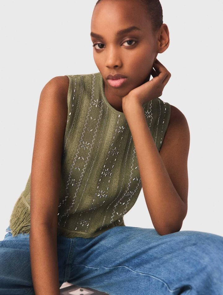 Fringed rhinestone flower top