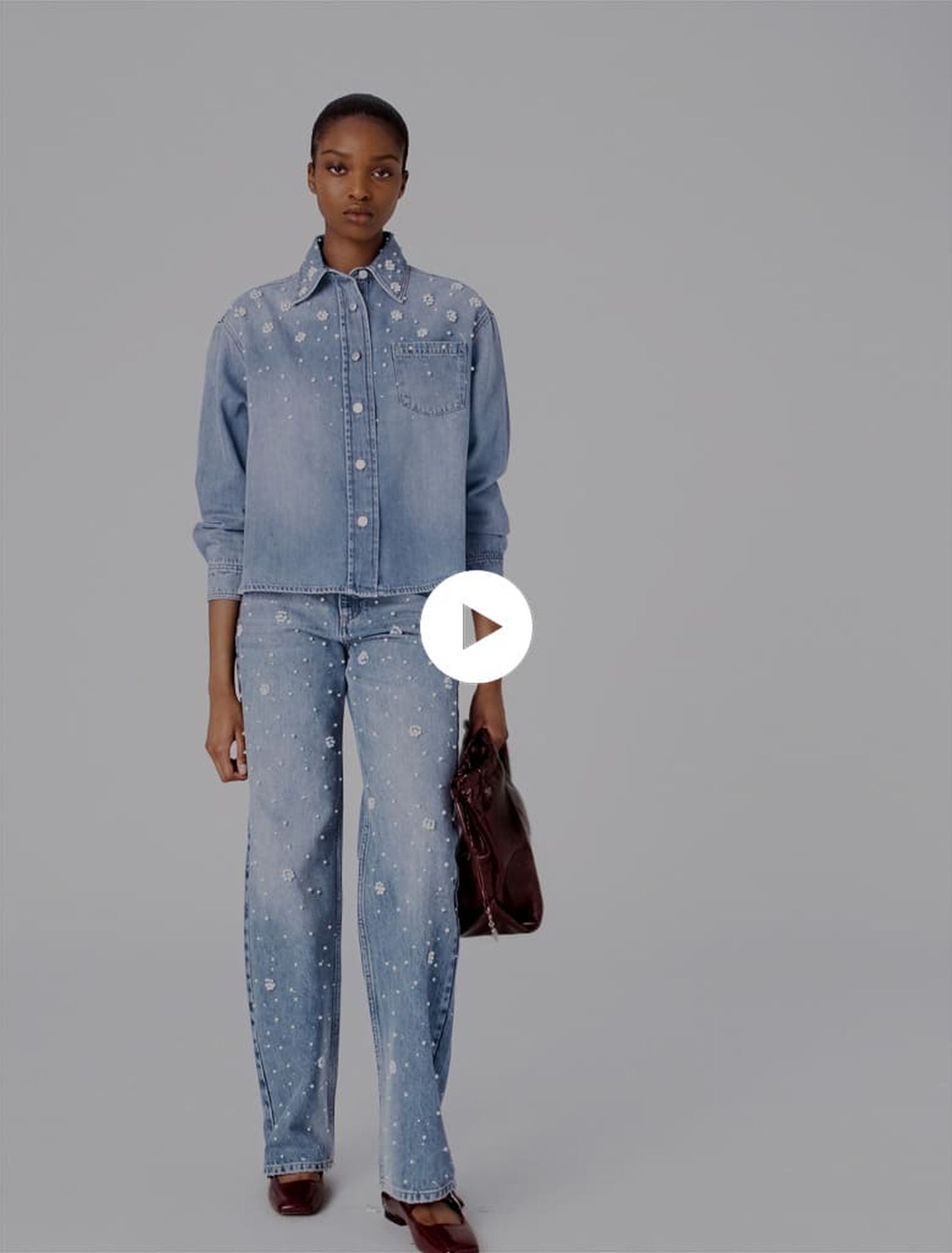 Chemise en denim à perles brodées