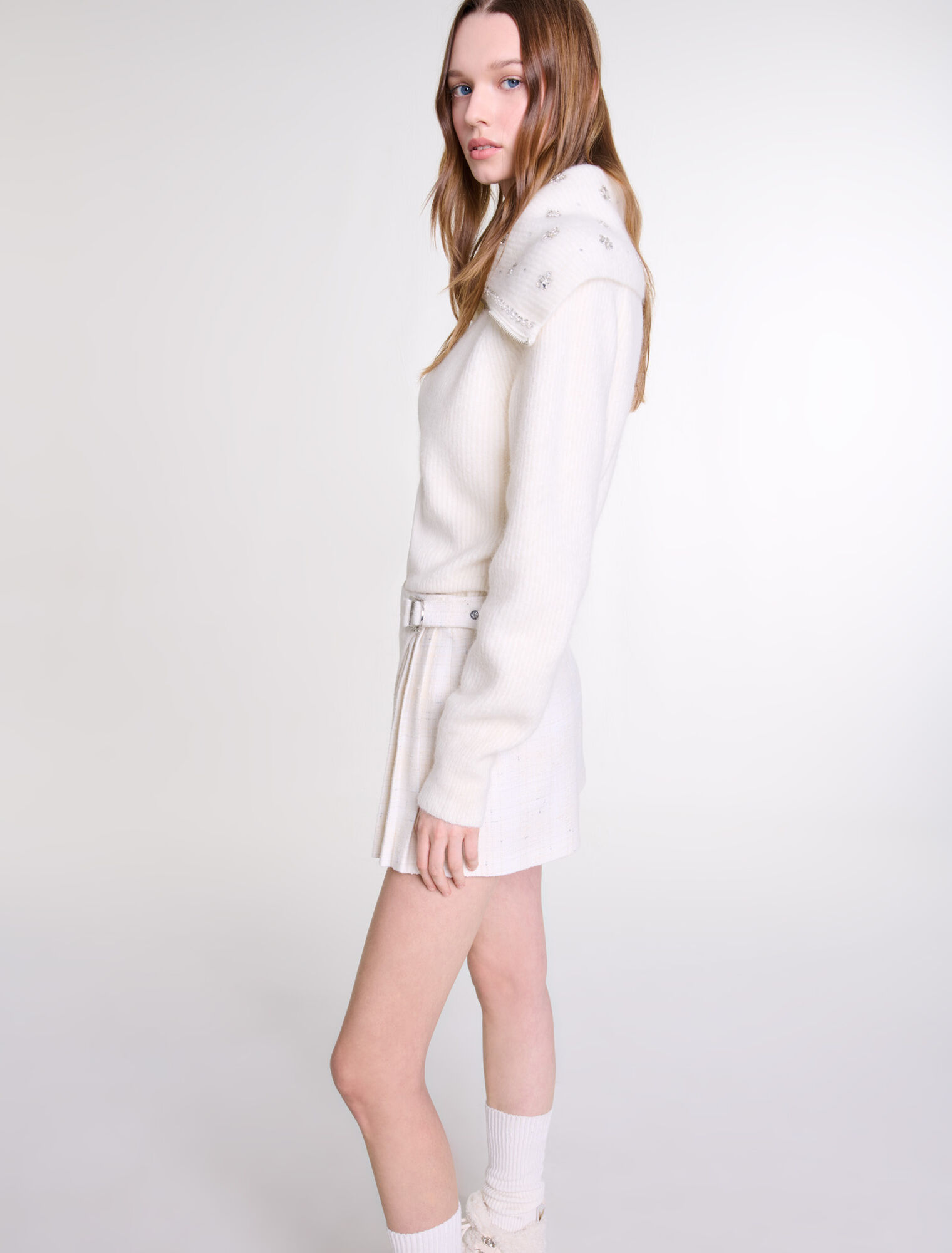 Jupe short plissée en tweed