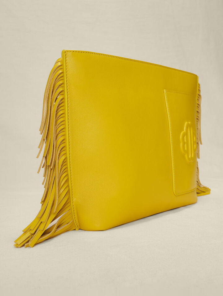 Fringed leather clutch bag