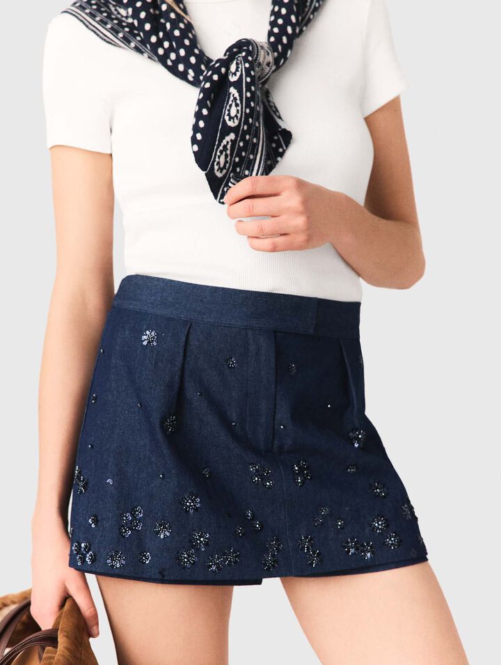 Short trompe l'&oelig;il en denim brod&eacute;