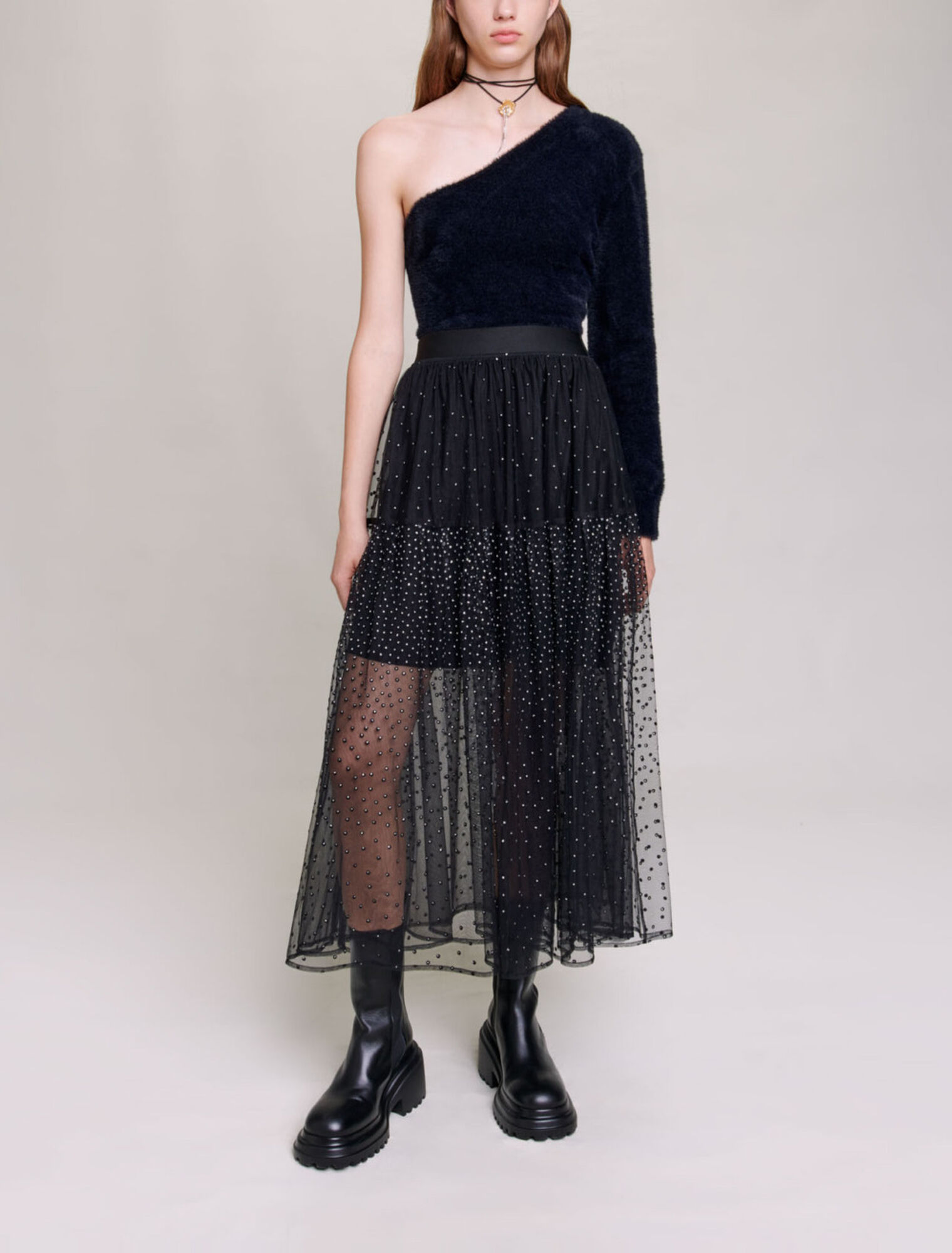 Glittery spotted long tulle skirt