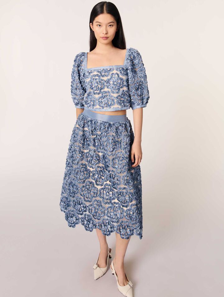 Jupe longue en organza motif floral