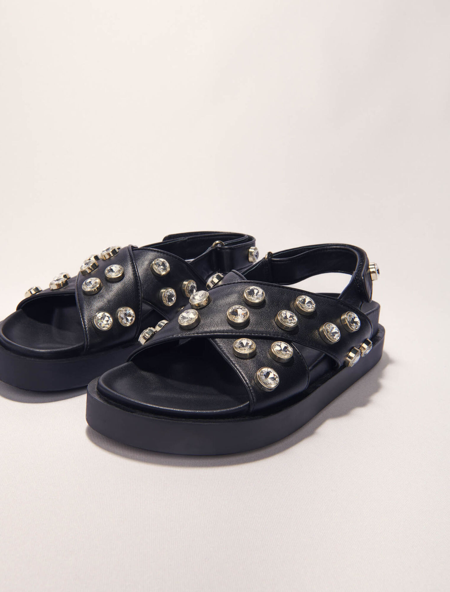 Flat leather and rhinestone sandals