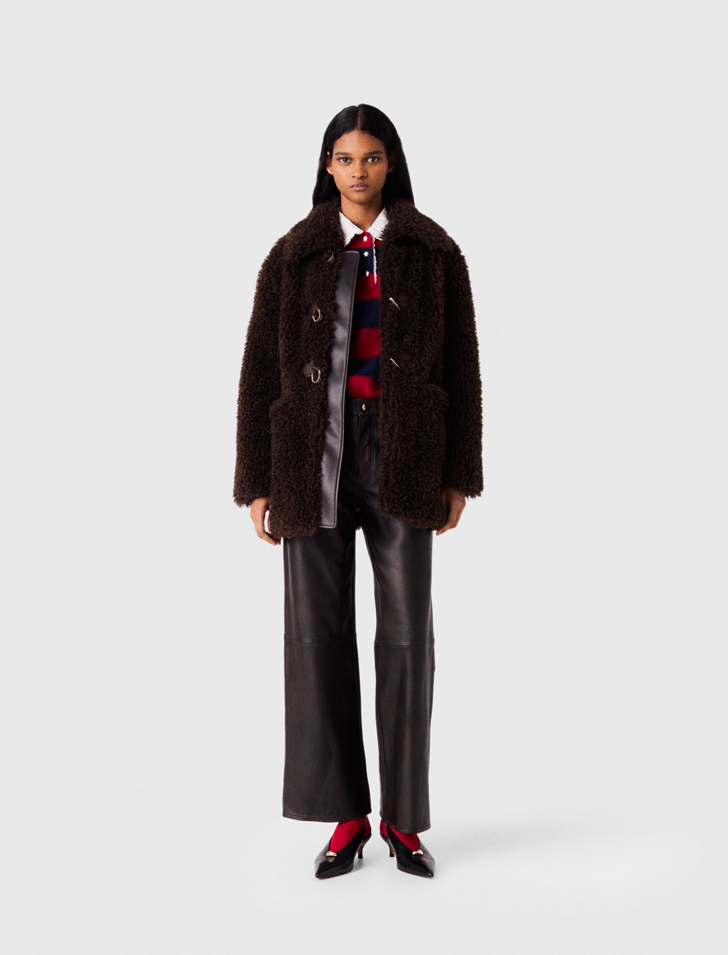 Manteau Mi-long En Fausse Fourrure - Marron Fonce - Taille 36 - Maje