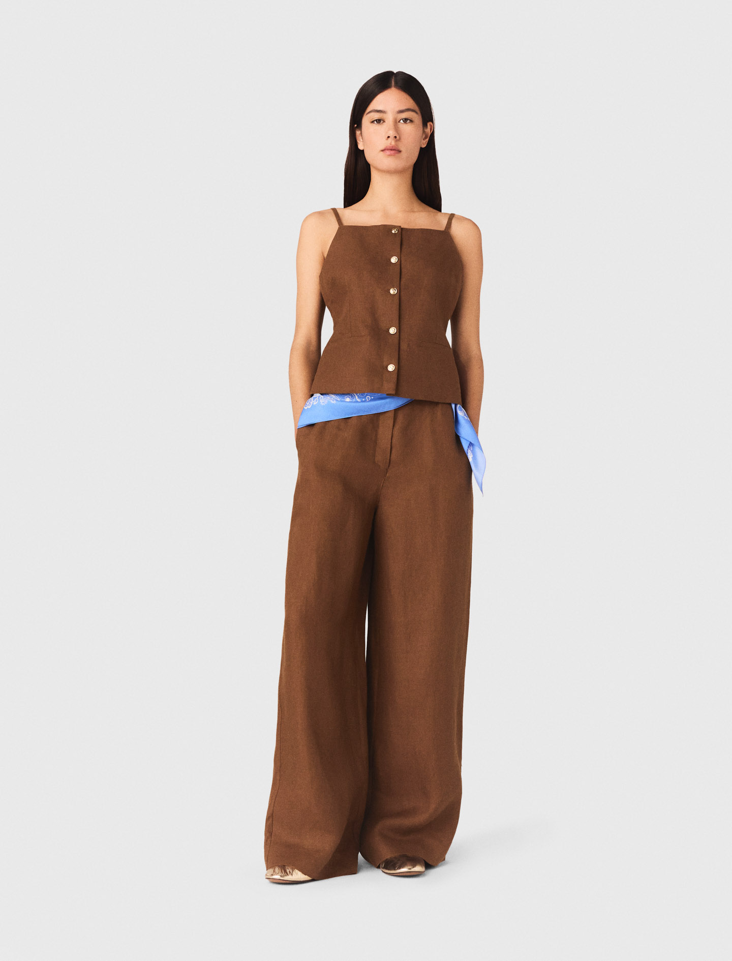 Top En Lin Mélangé - Marron - Taille 36 - Maje
