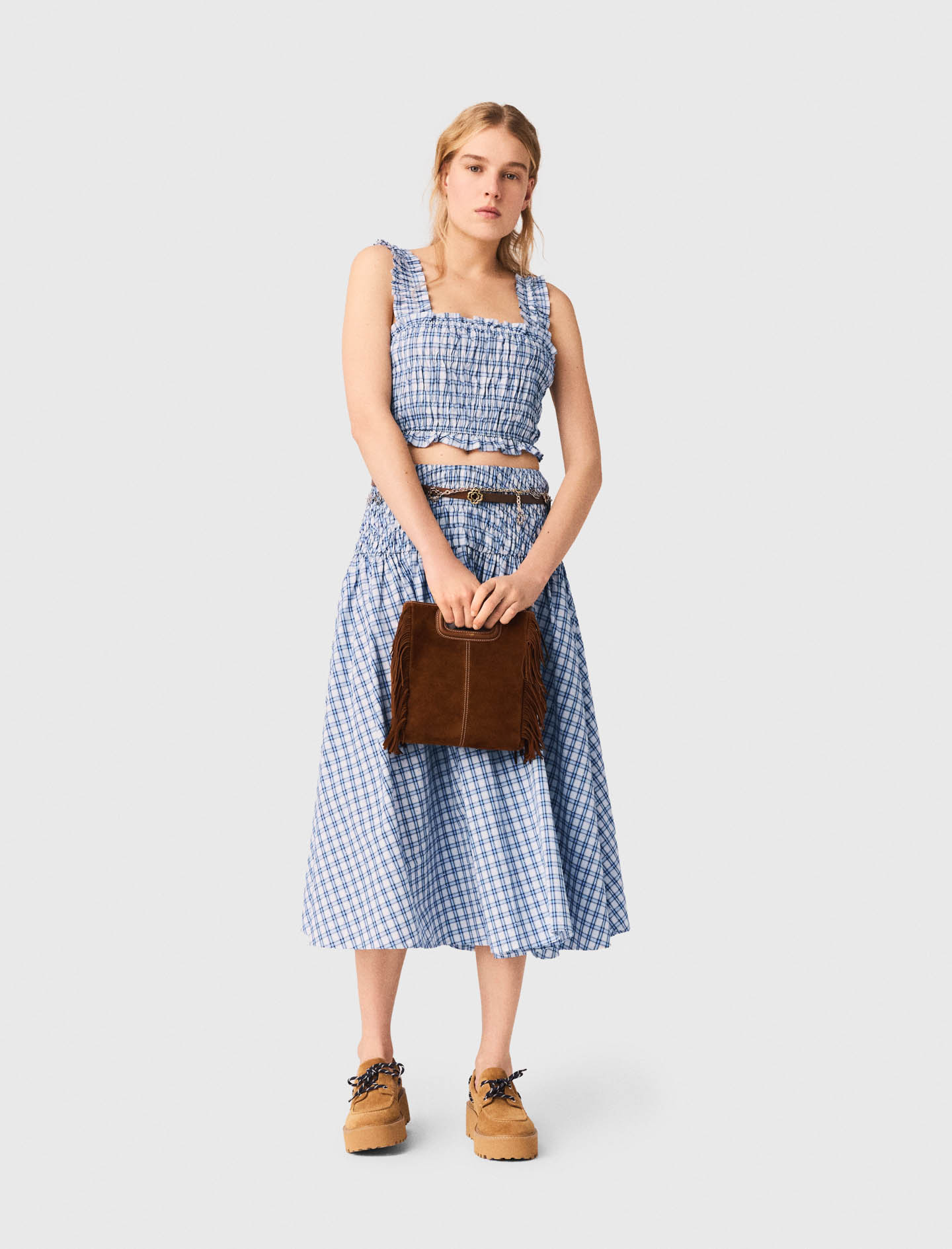 Top Smocké En Coton Strassé - Carreaux Bleus Print - Taille 1 - Maje