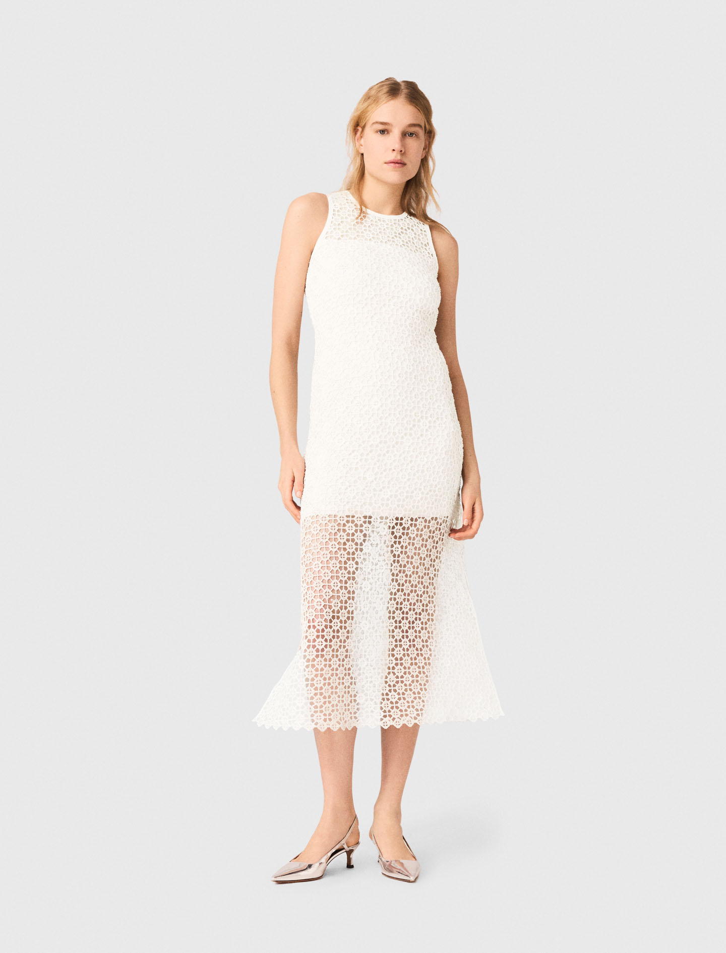 Robe Longue En Crochet Et Strass - Blanc - Taille 34 - Maje