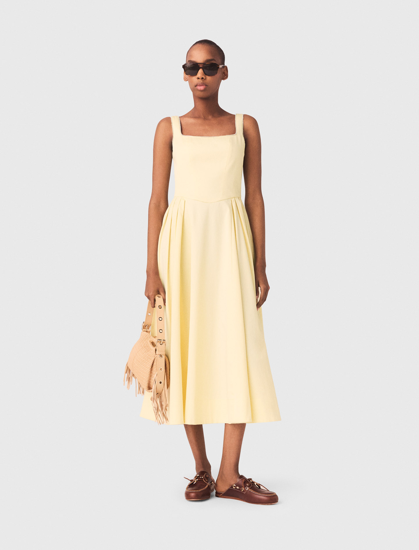 Robe Midi Évasée Et Galons Strassés - Jaune - Taille 36 - Maje
