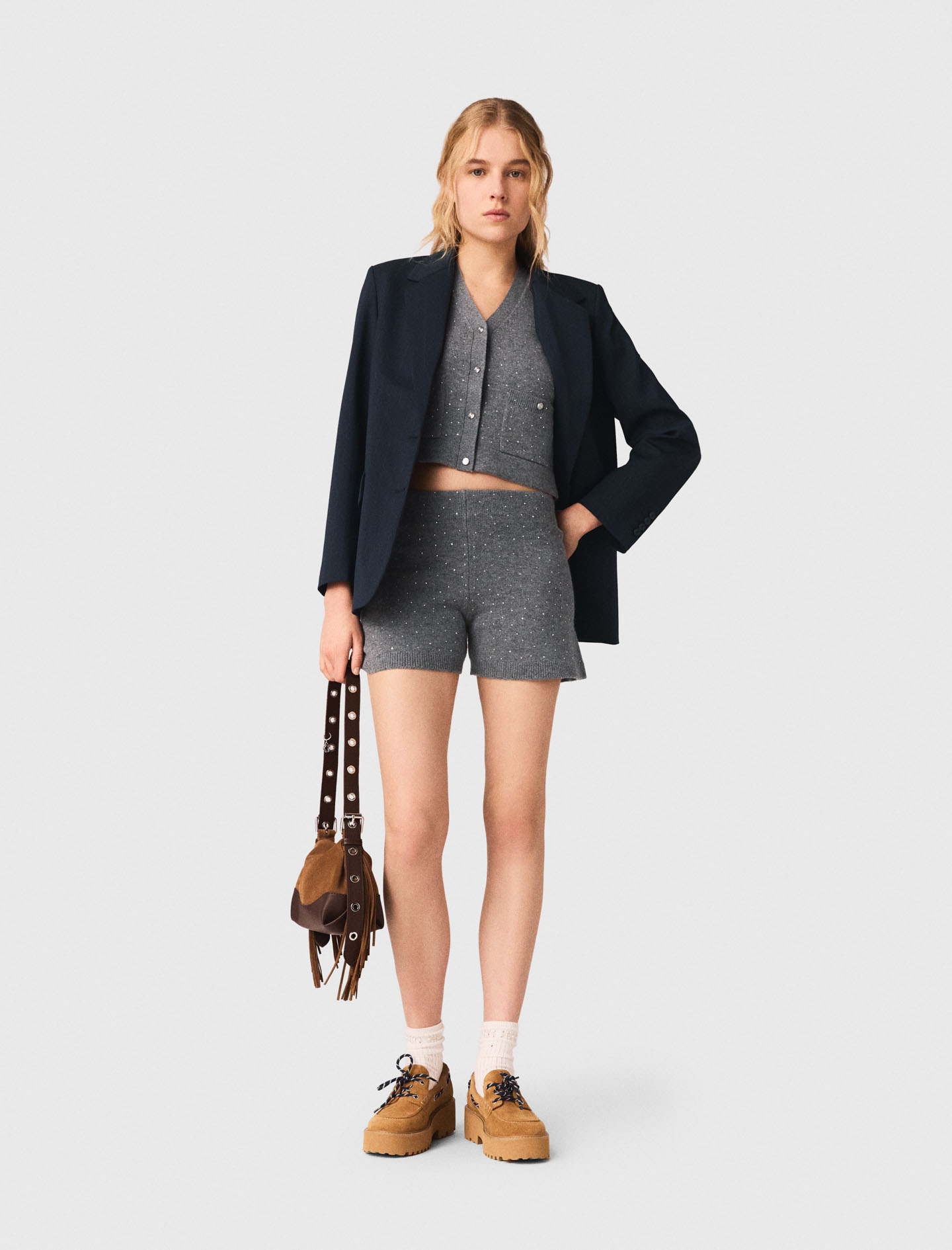 Short En Maille À Strass - Gris - Taille 40 - Maje