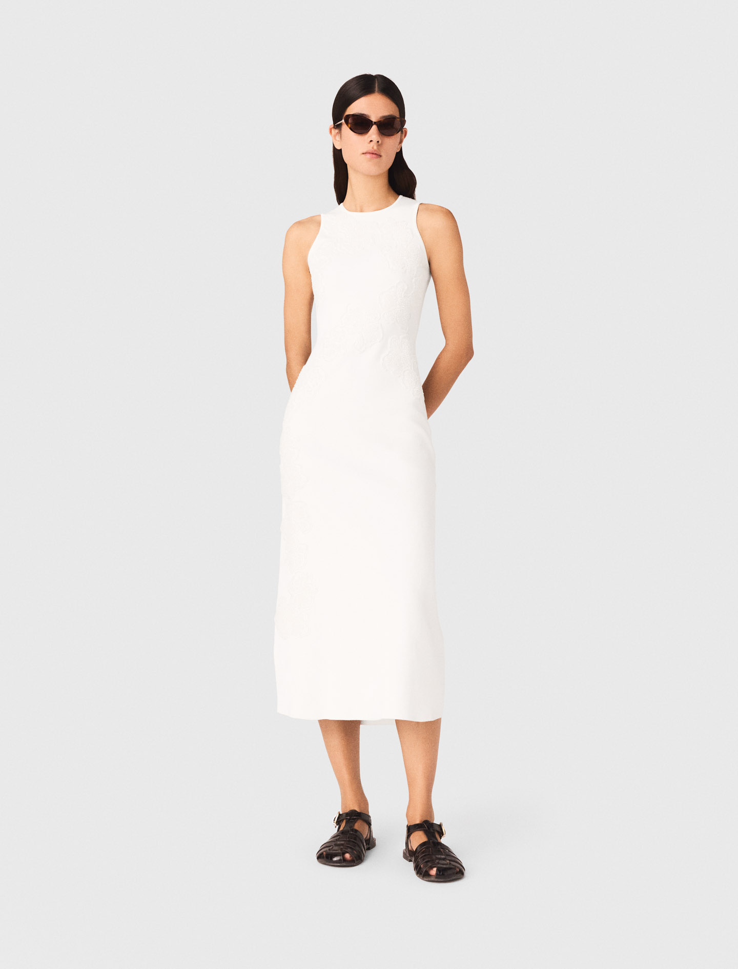 Robe À Fleurs Brodées Perlées - Blanc - Taille 38 - Maje