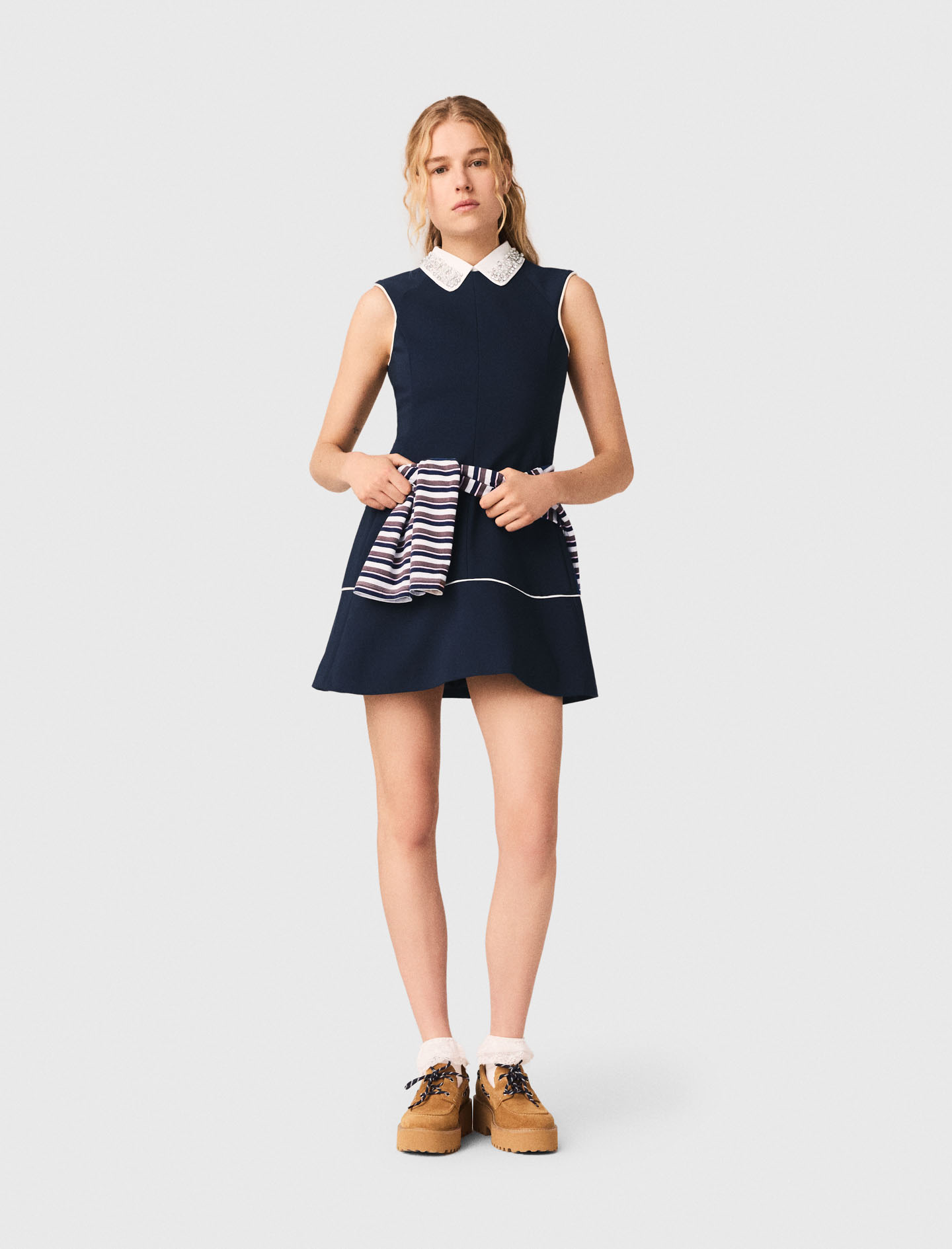 Robe Évasée À Contours Contrastés - Bleu Marine - Taille 36 - Maje