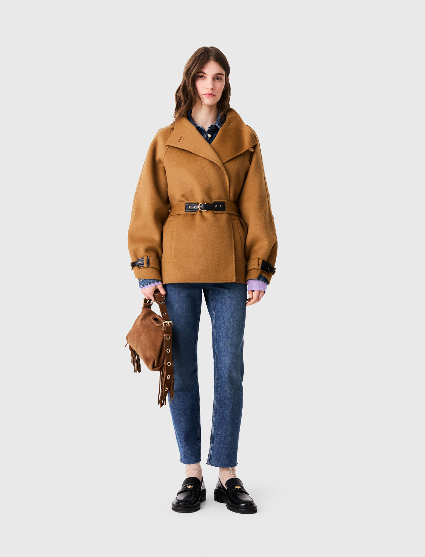 Manteau Mi-long Ceinturé En Laine - Marron - Taille 36 - Maje