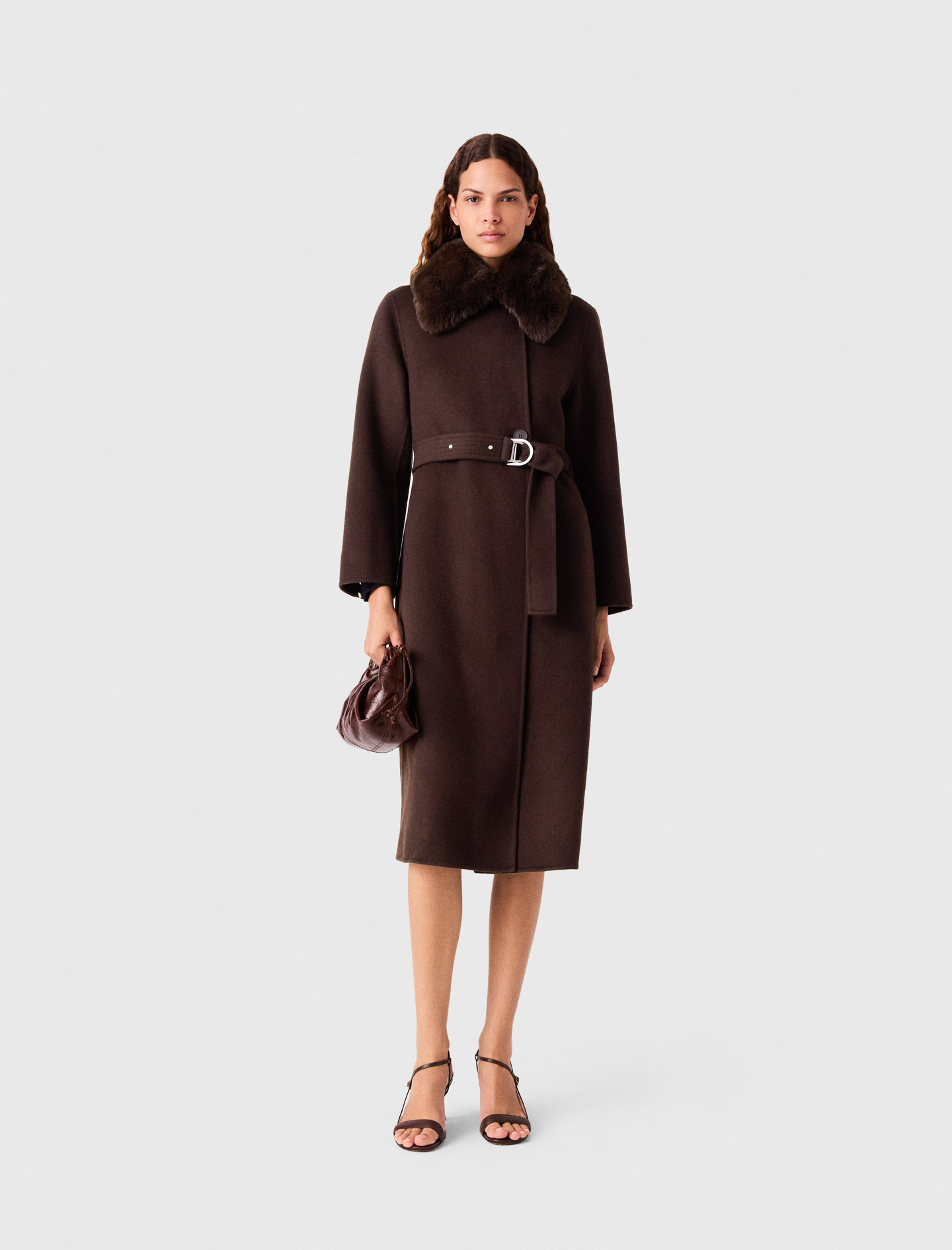 Manteau Long Et Col Fausse Fourrure - Marron - Taille 40 - Maje