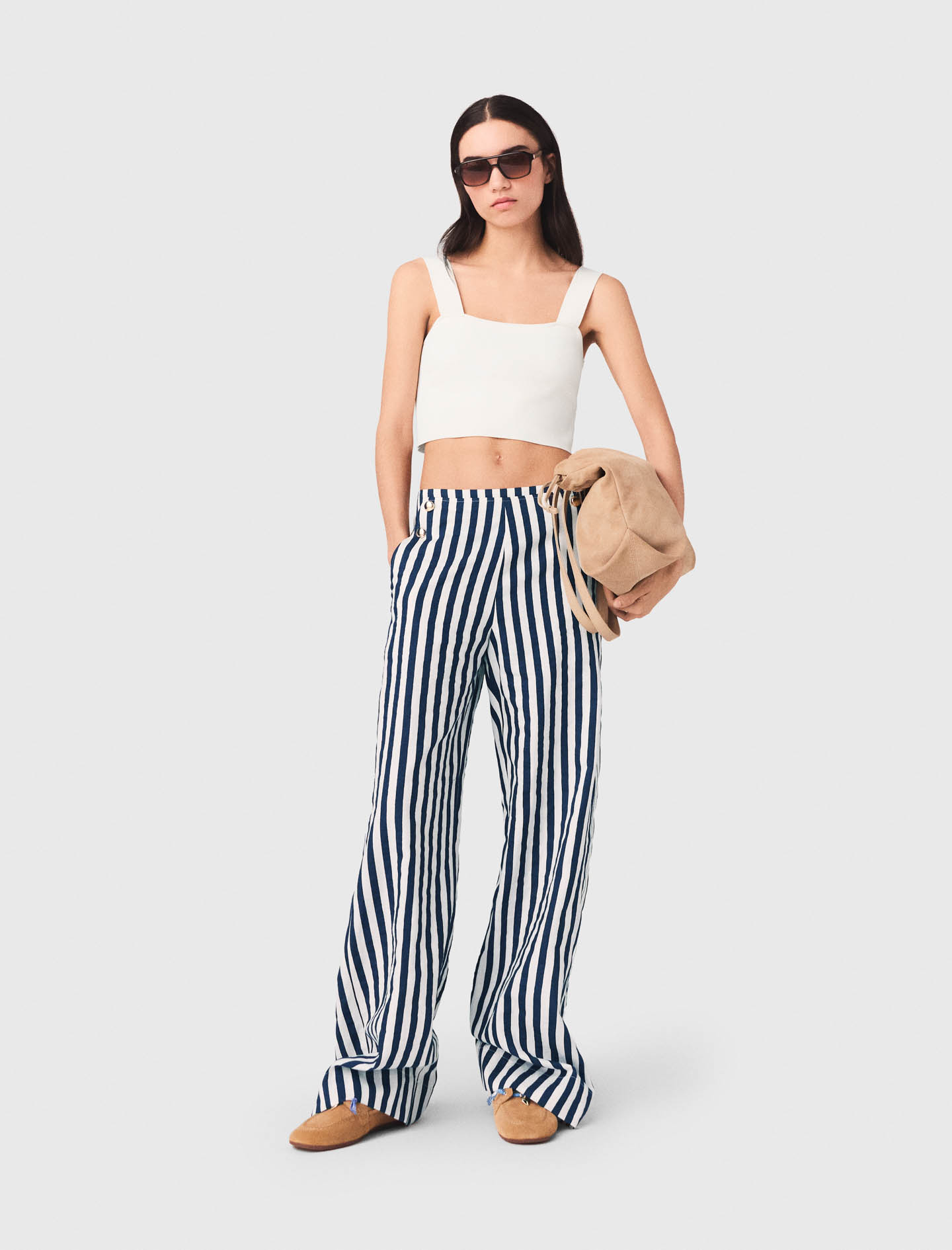 Pantalon À Pont En Lin Mélangé - Bicolore - Taille 42 - Maje