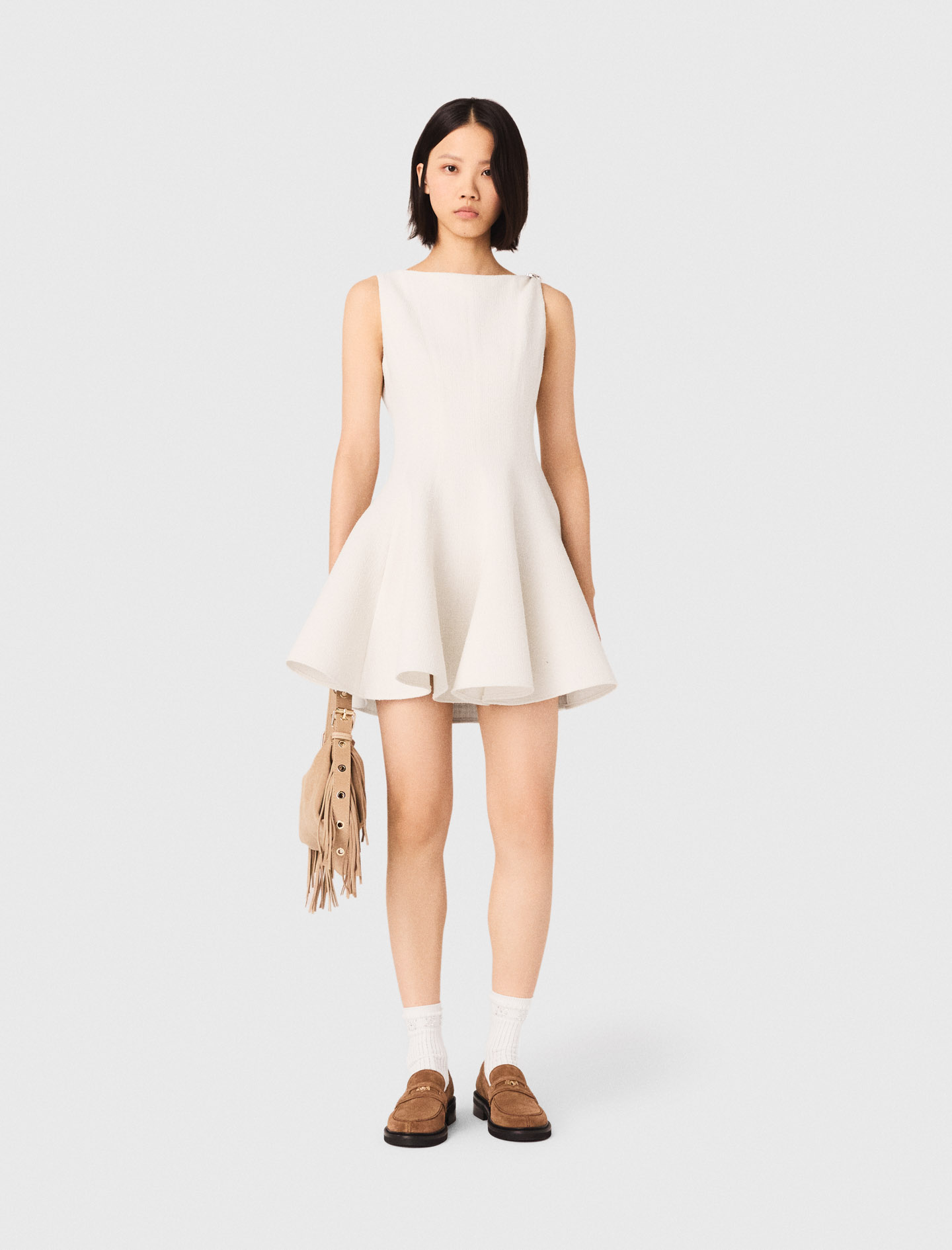 Robe Courte Évasée En Tweed - Blanc - Taille 40 - Maje