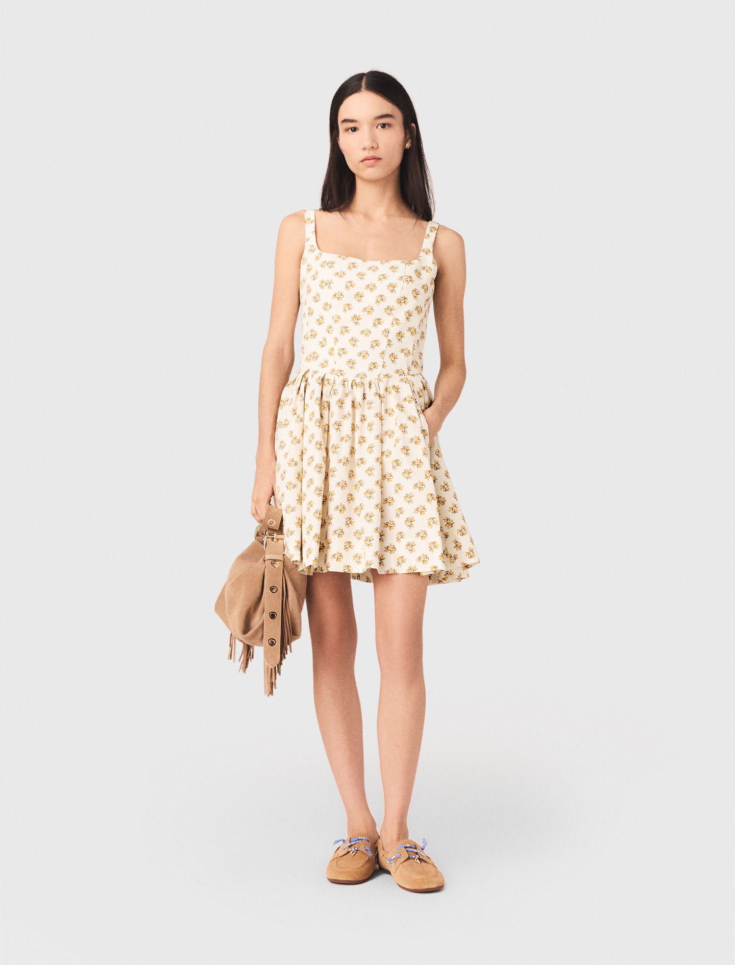 Robe Courte Évasée Imprimée - Jaune Petites Fleurs Print - Taille 36 - Maje