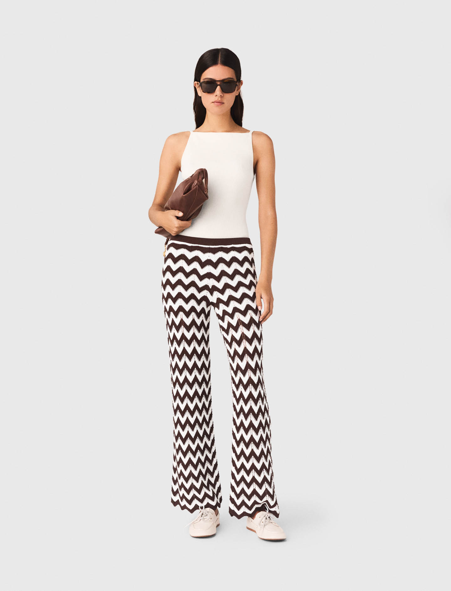 Pantalon En Crochet À Motif Zigzag - Marron/blanc - Taille 40 - Maje