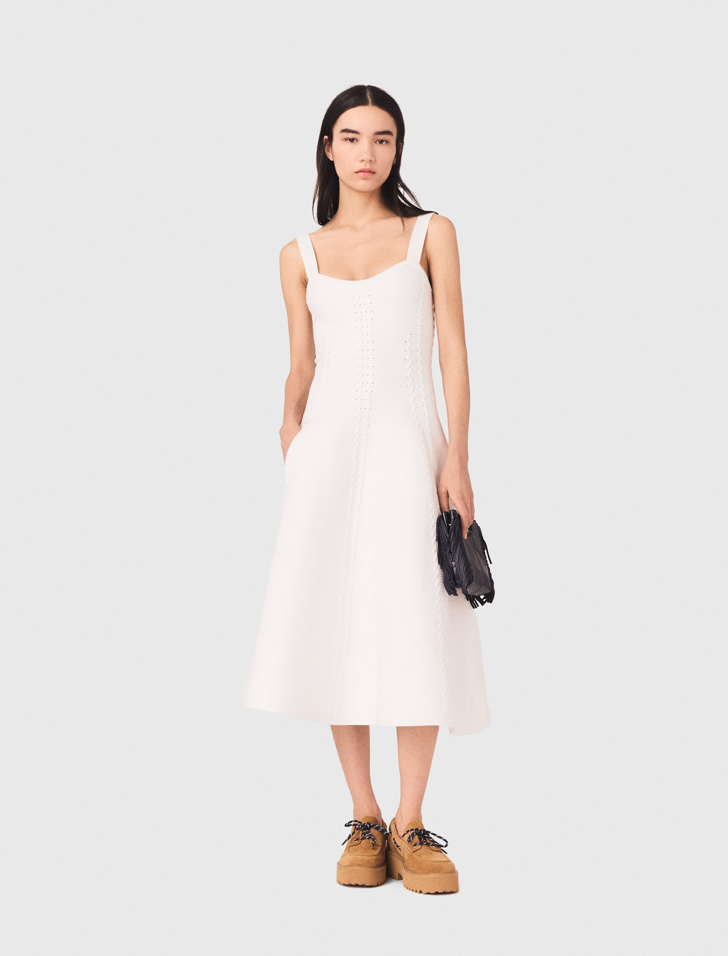 Robe Patineuse Longue En Maille - Blanc - Taille 36 - Maje