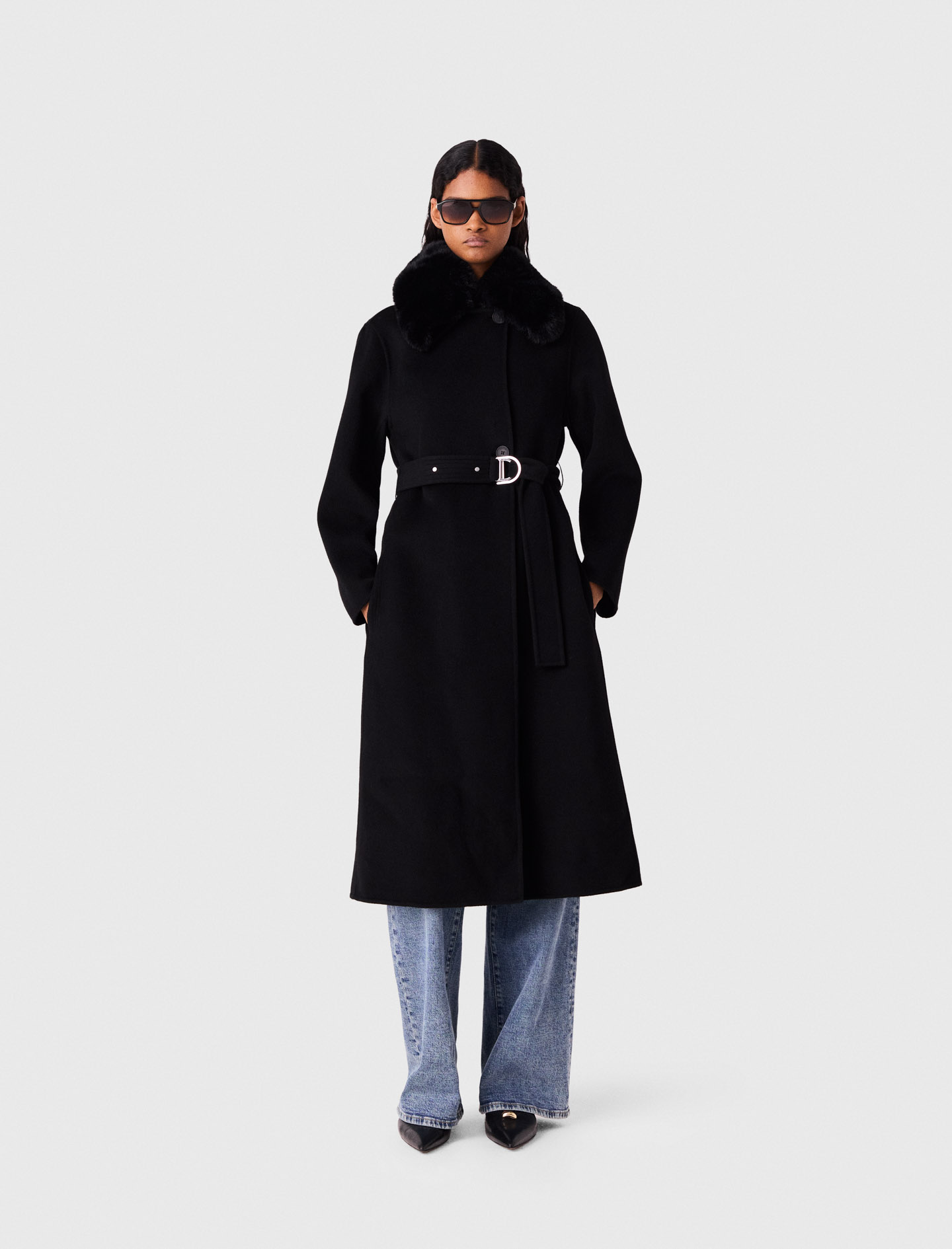 Manteau Double Face À Col Amovible - Noir - Taille 34 - Maje
