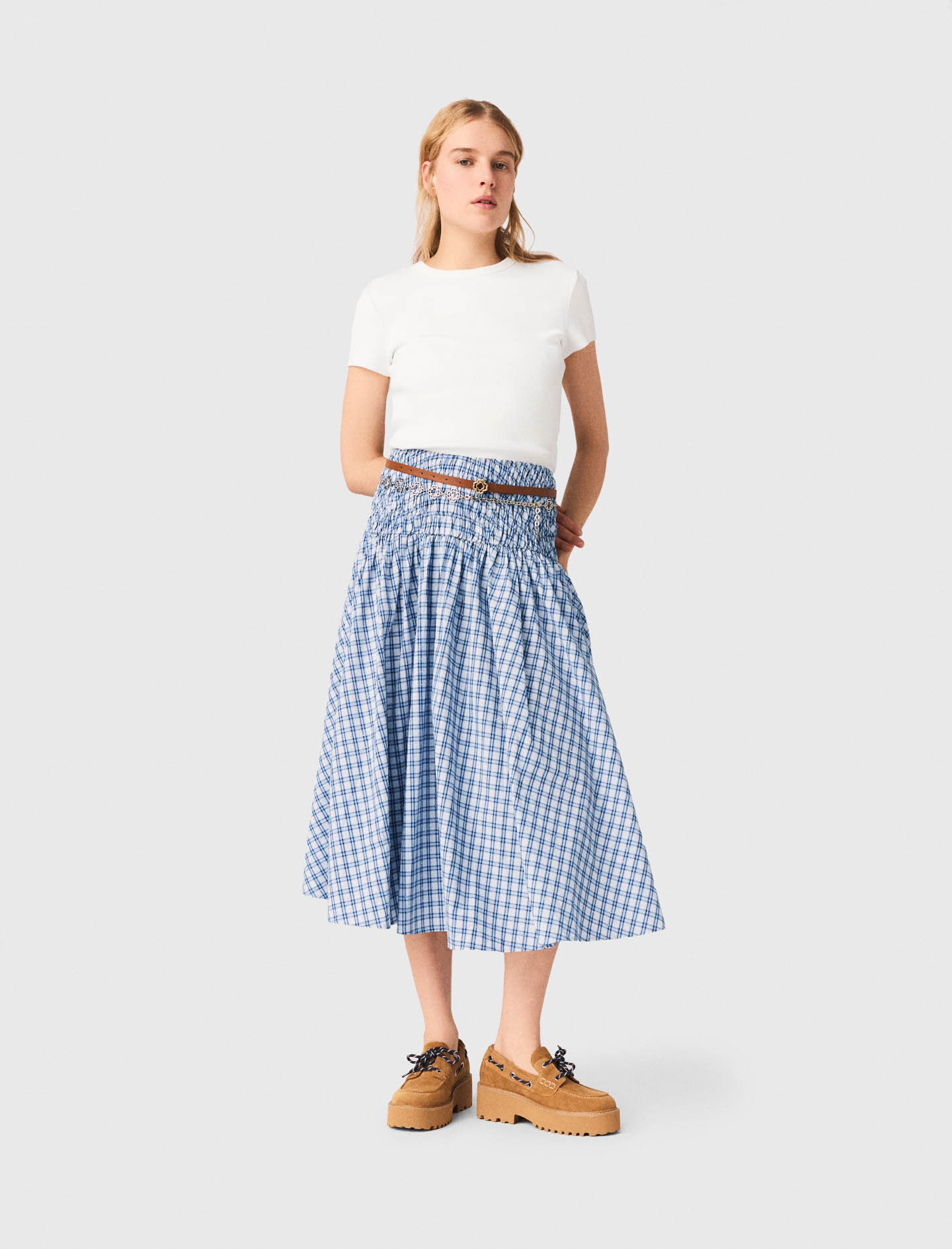 Jupe Longue En Coton Strassé - Carreaux Bleus Print - Taille 36 - Maje