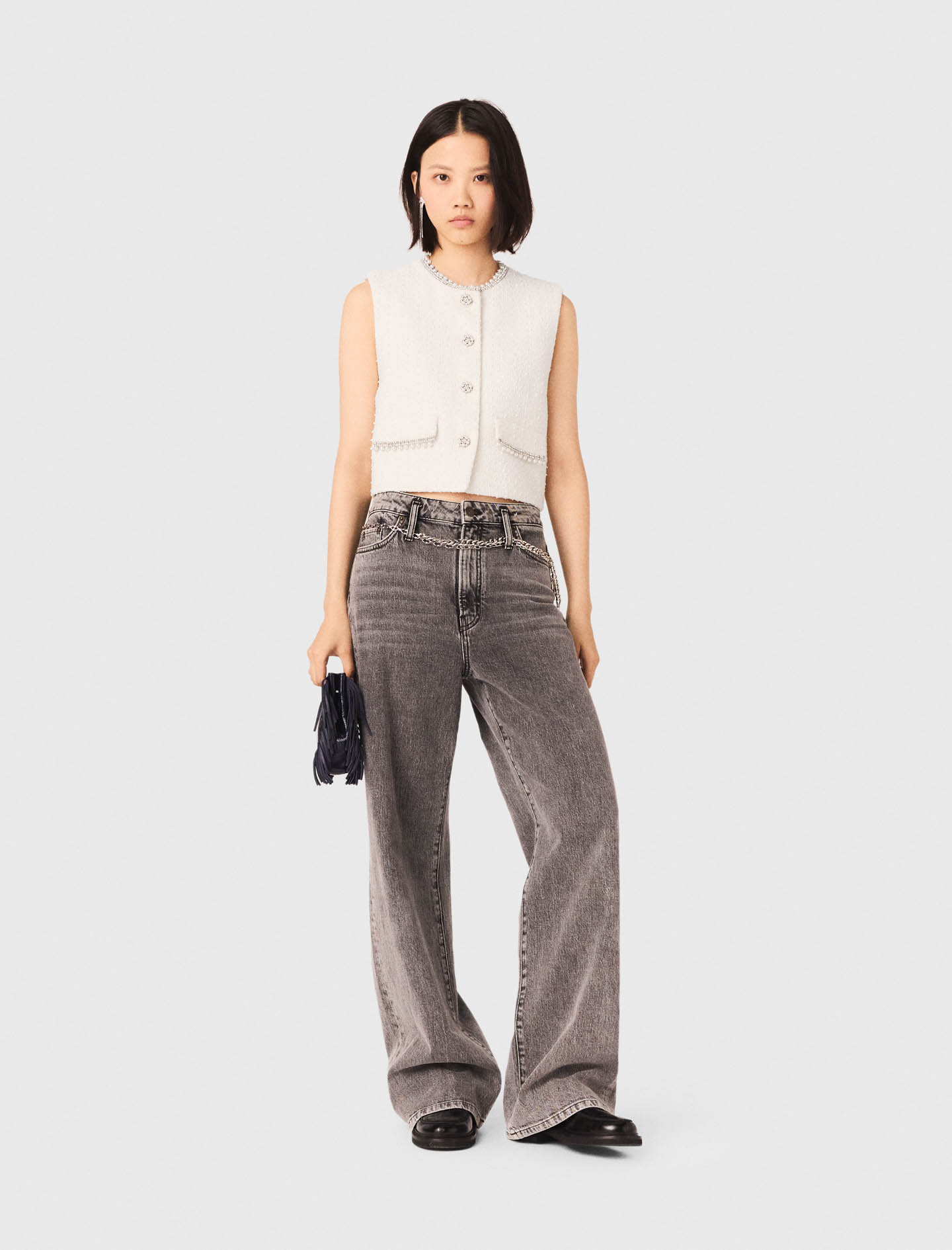 Veston En Tweed Et Galon De Perles - Blanc - Taille 40 - Maje