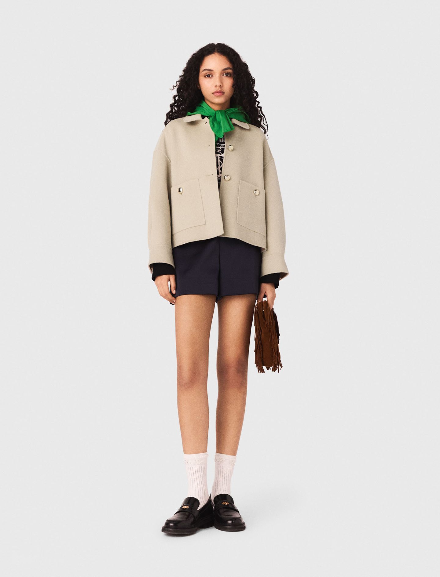Veste Courte En Laine Et Dos Plissé - Beige - Taille 38 - Maje
