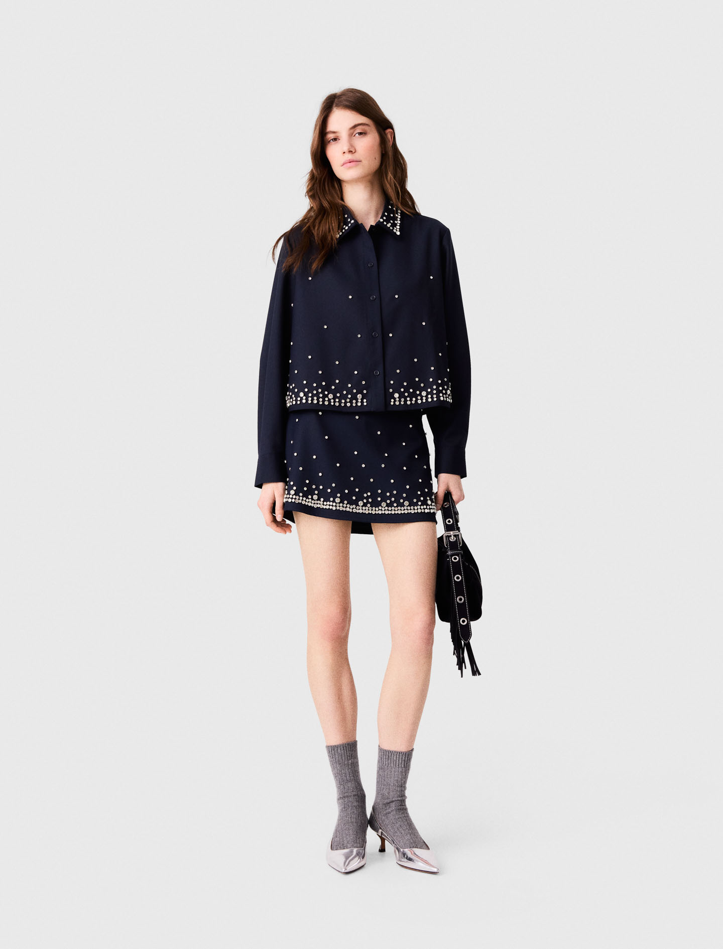 Chemise Courte Brodée De Strass - Bleu Marine - Taille 2 - Maje
