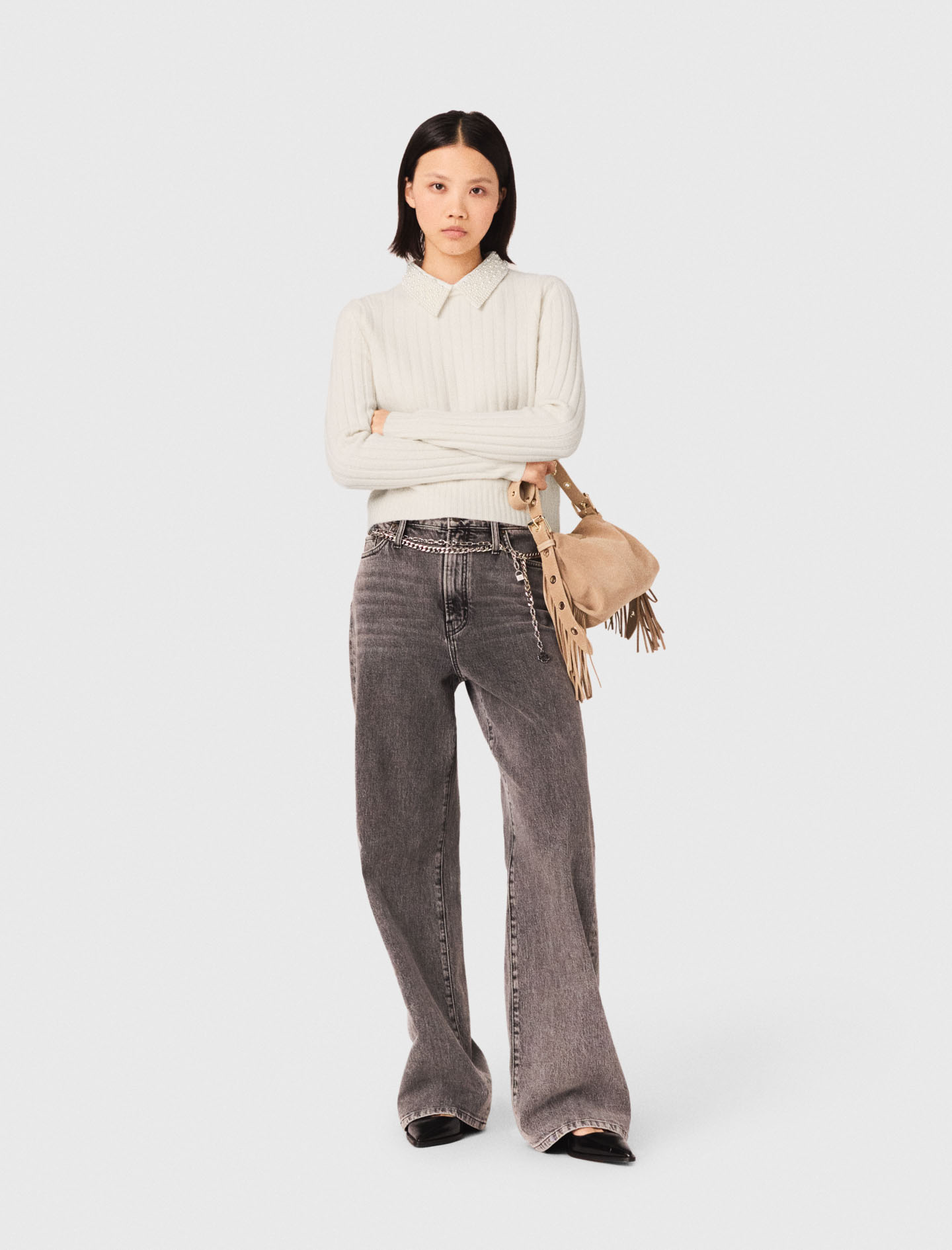 Pull Cotelé Avec Col Perlé - Blanc - Taille 1 - Maje