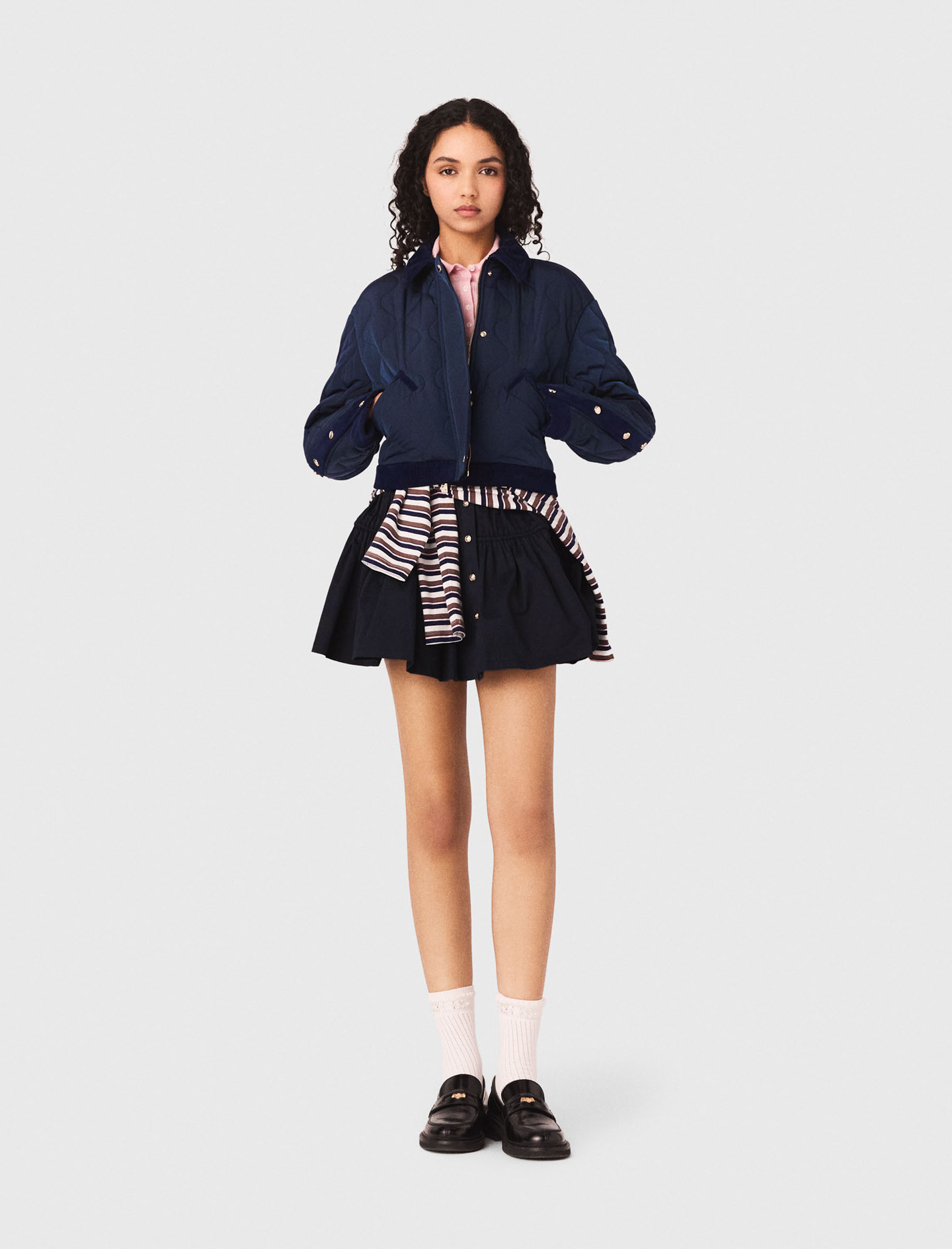 Blouson Matelassé À Détails Velours - Bleu Marine - Taille 38 - Maje