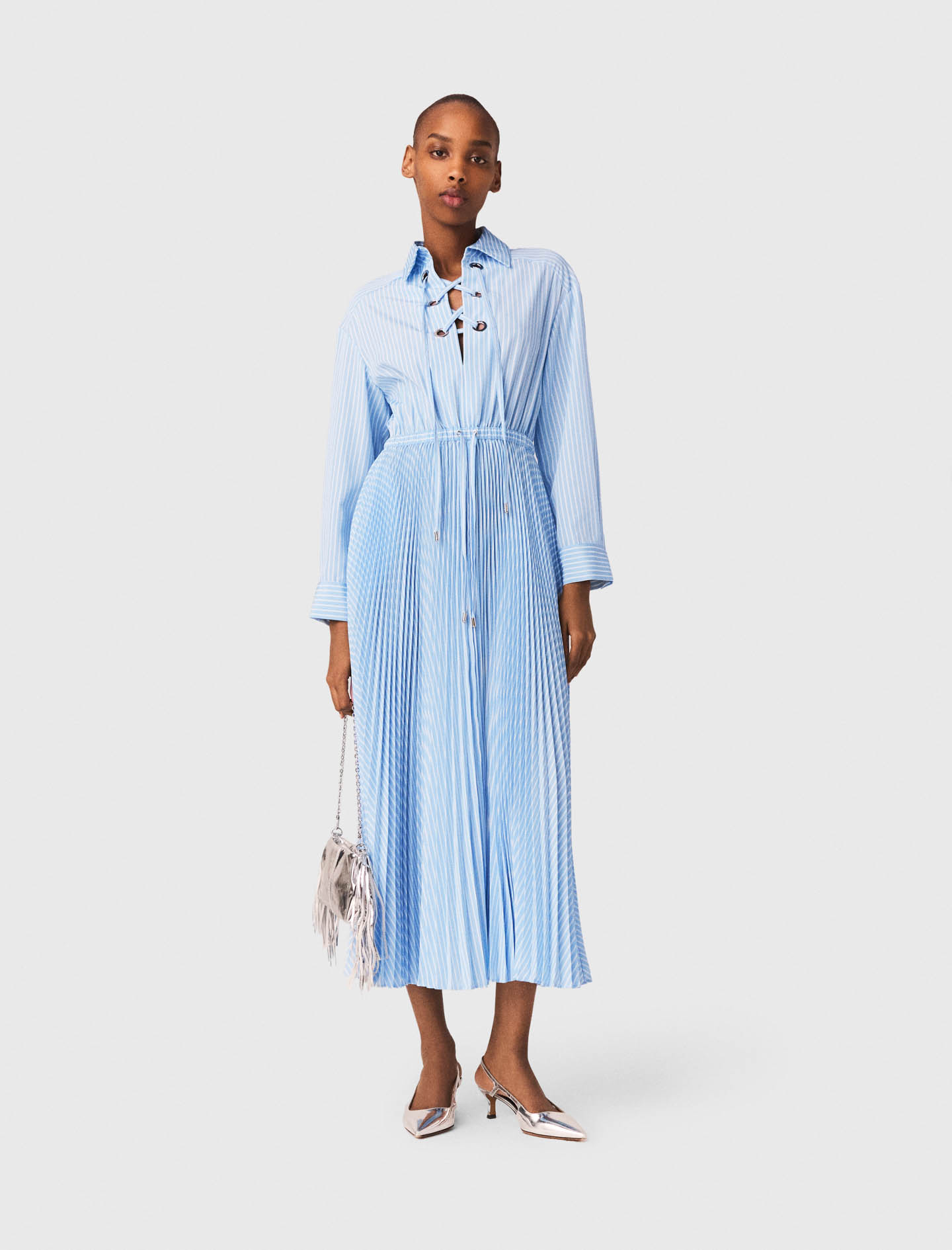 Robe Longue Plissée À Œillets - Bleu - Taille 40 - Maje