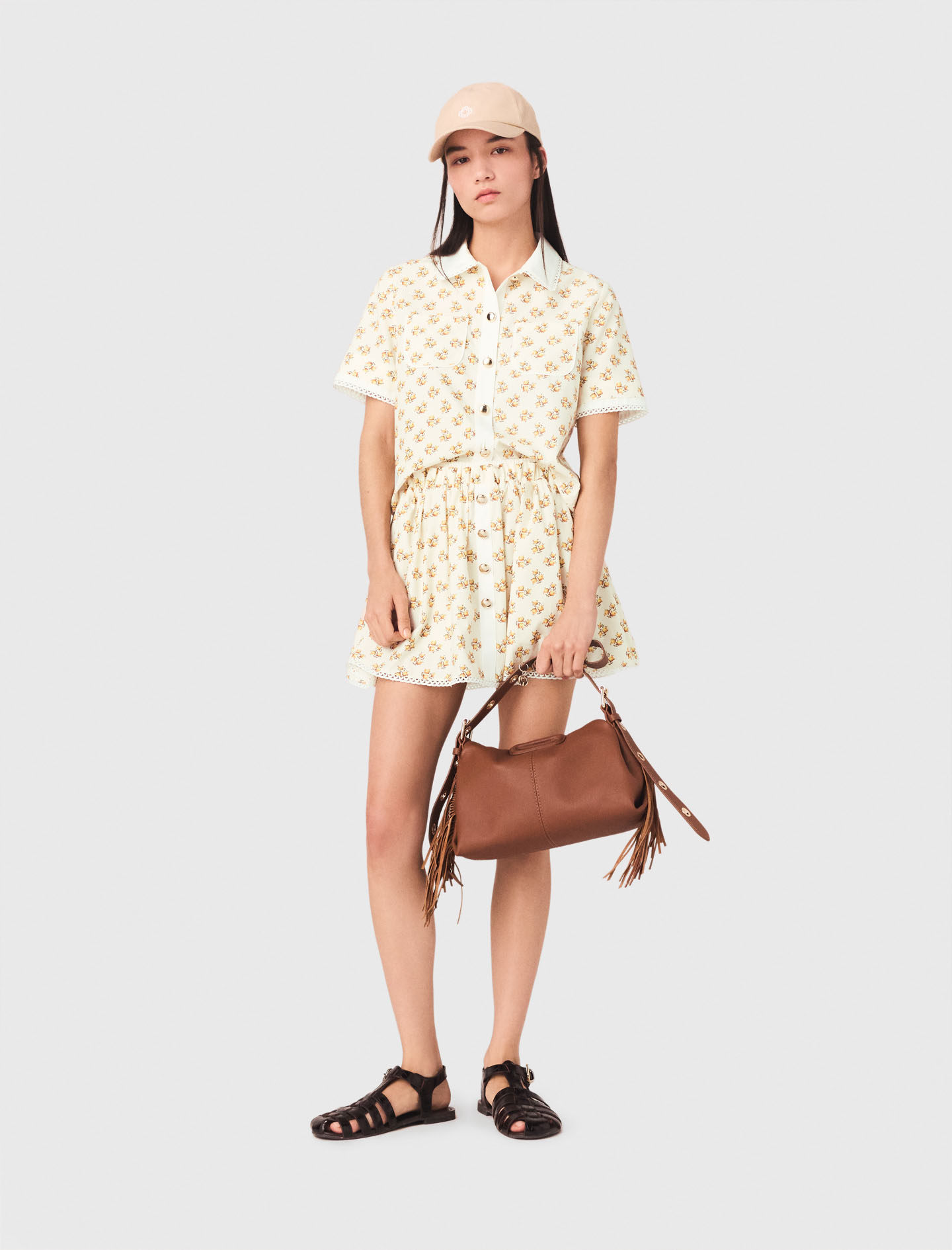 Chemise Imprimée Et Galon Croquet - Jaune Petites Fleurs Print - Taille 1 - Maje