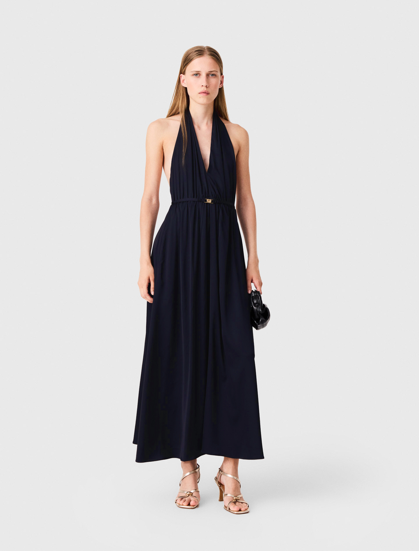 Robe Longue Plissée Dos Nu - Bleu Marine - Taille 36 - Maje