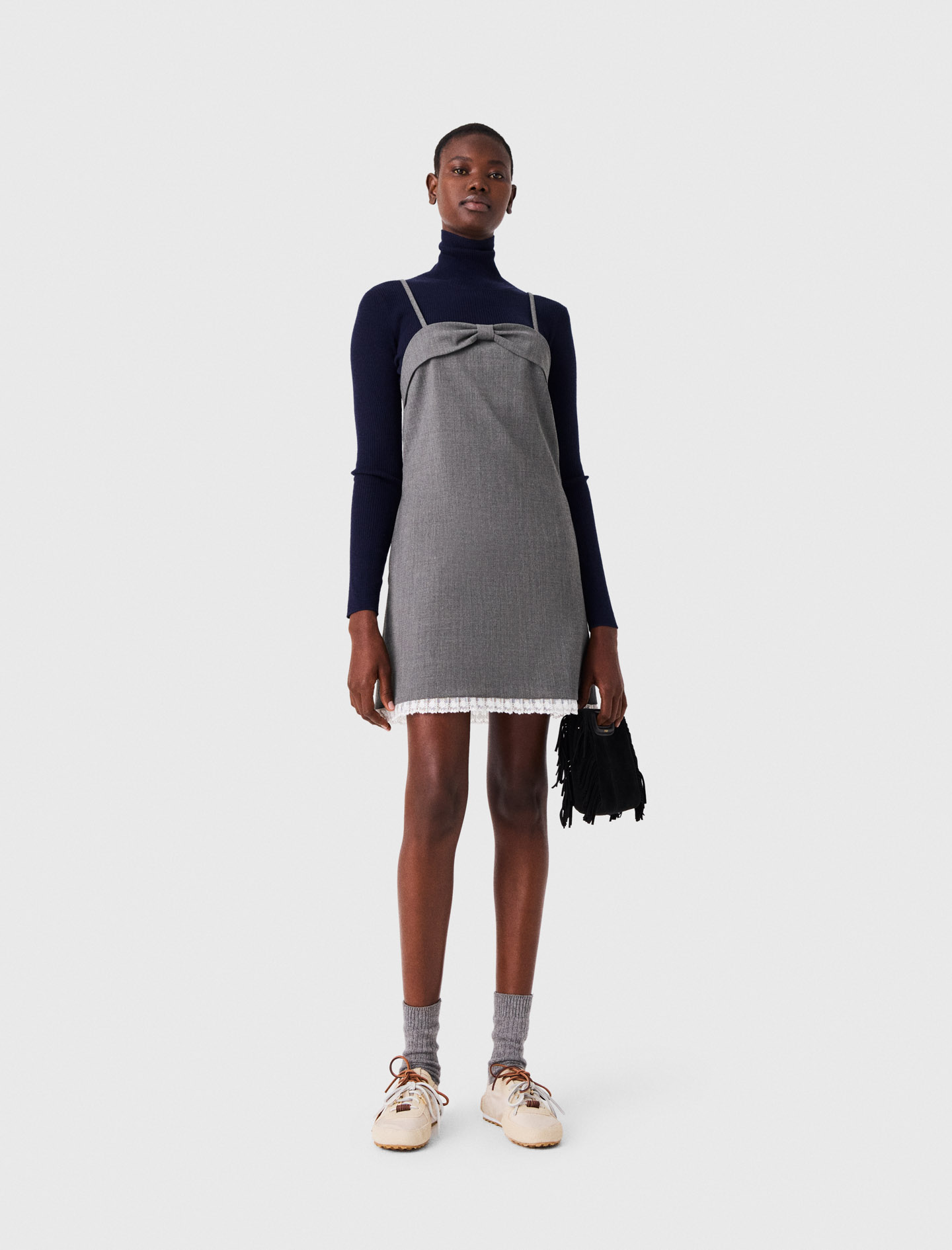 Robe Courte Tailleur Avec Dentelle - Gris - Taille 38 - Maje