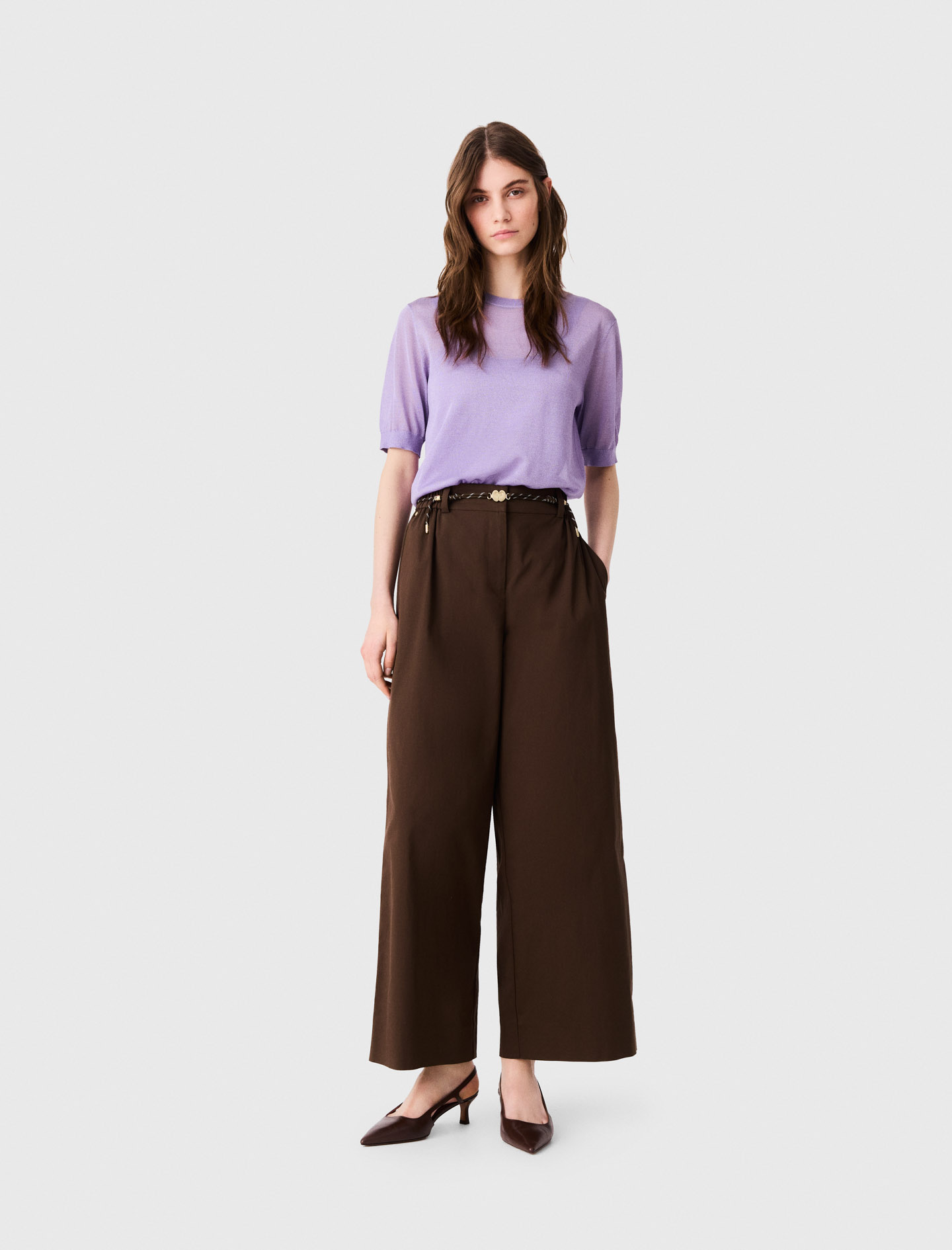 Pantalon Large En Coton - Marron - Taille 36 - Maje