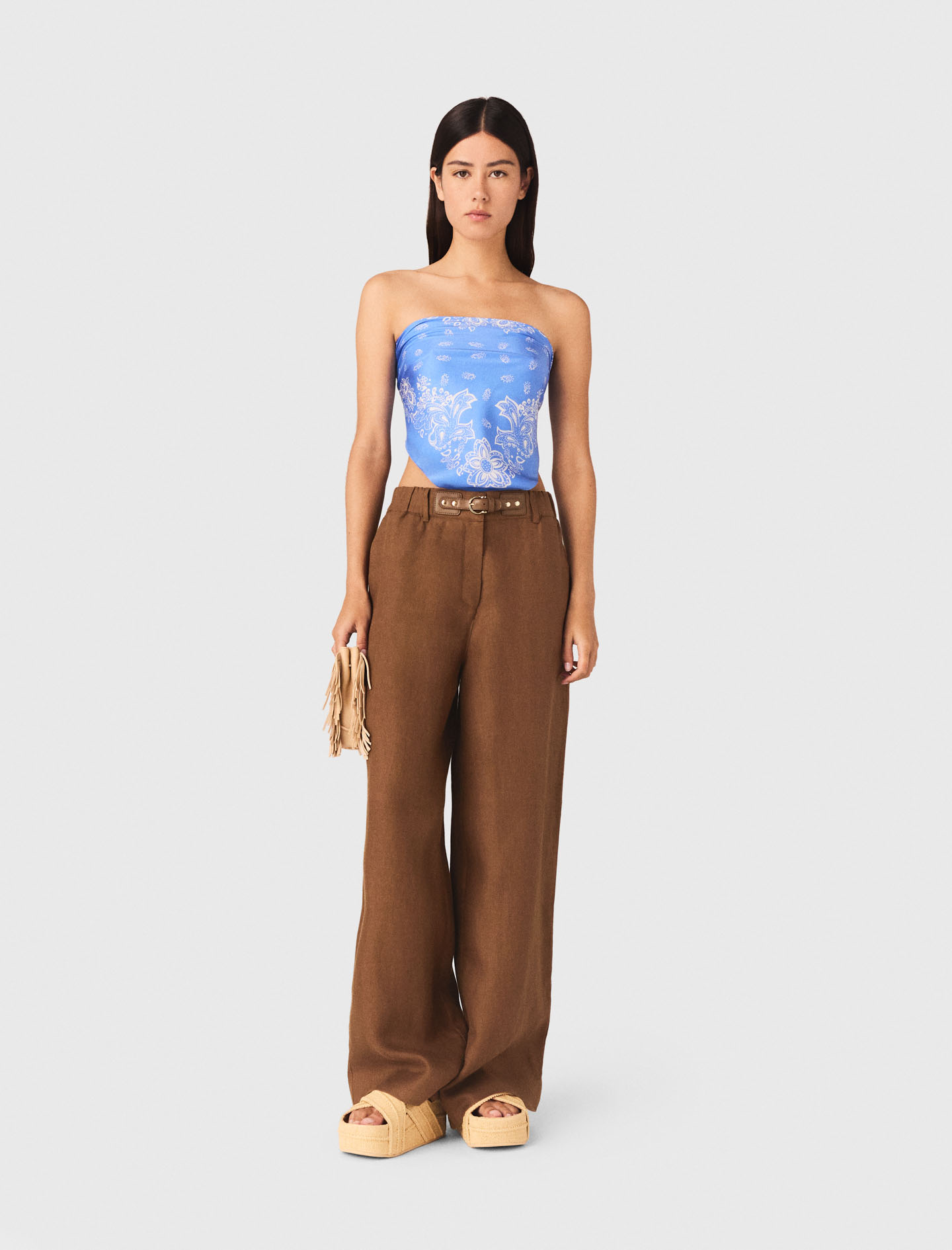 Pantalon En Lin Mélangé - Marron - Taille 42 - Maje