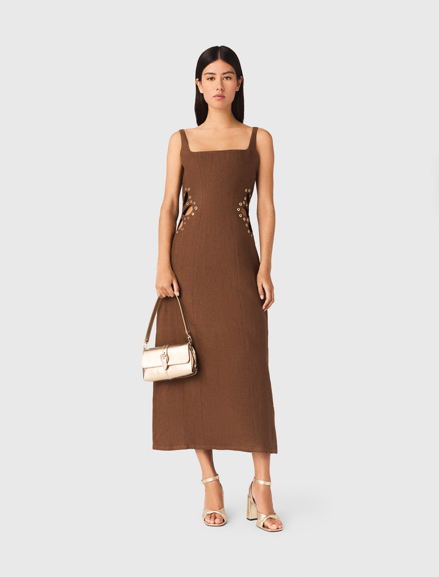 Robe Longue En Lin Mélangé - Marron - Taille 36 - Maje