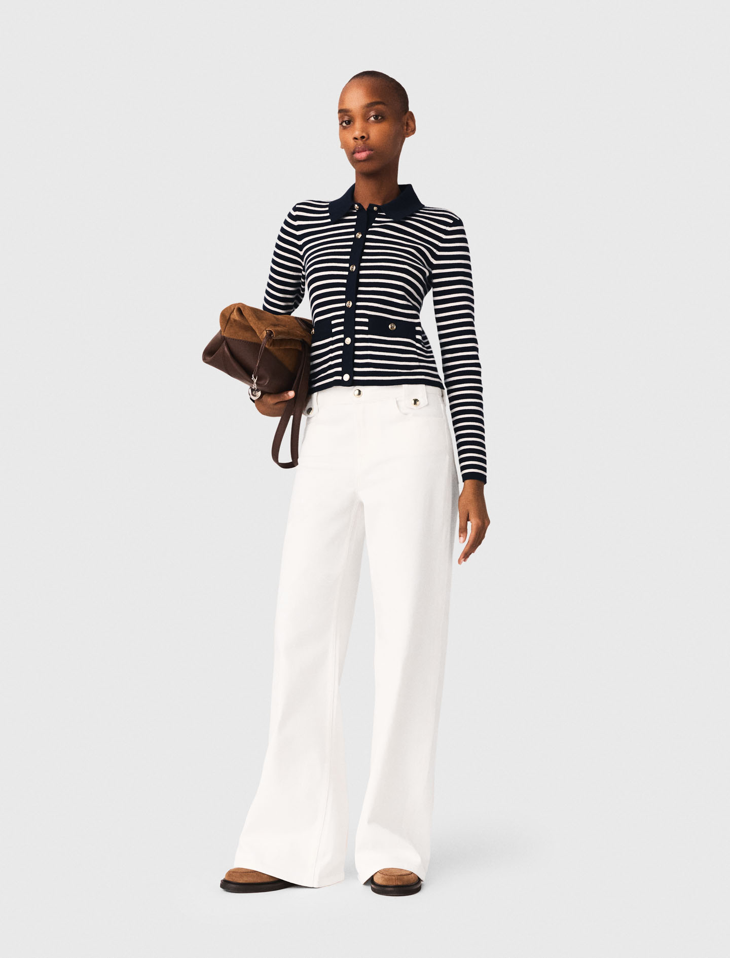 Cardigan Rayé À Col Polo - Bleu Marine - Taille 0 - Maje
