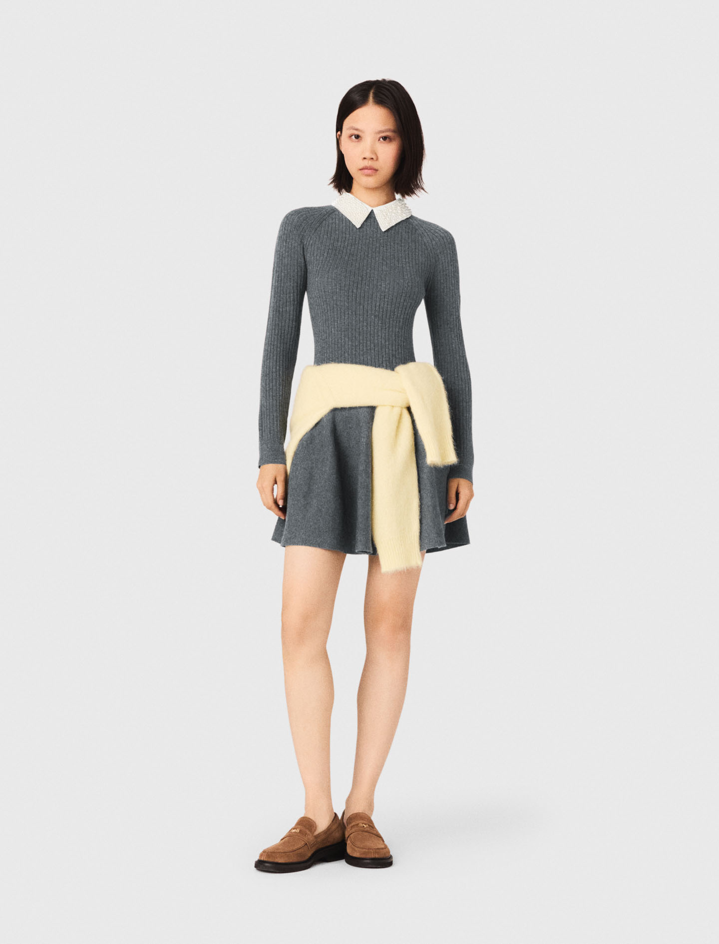 Robe Courte En Maille À Col Perlé - Gris - Taille 36 - Maje