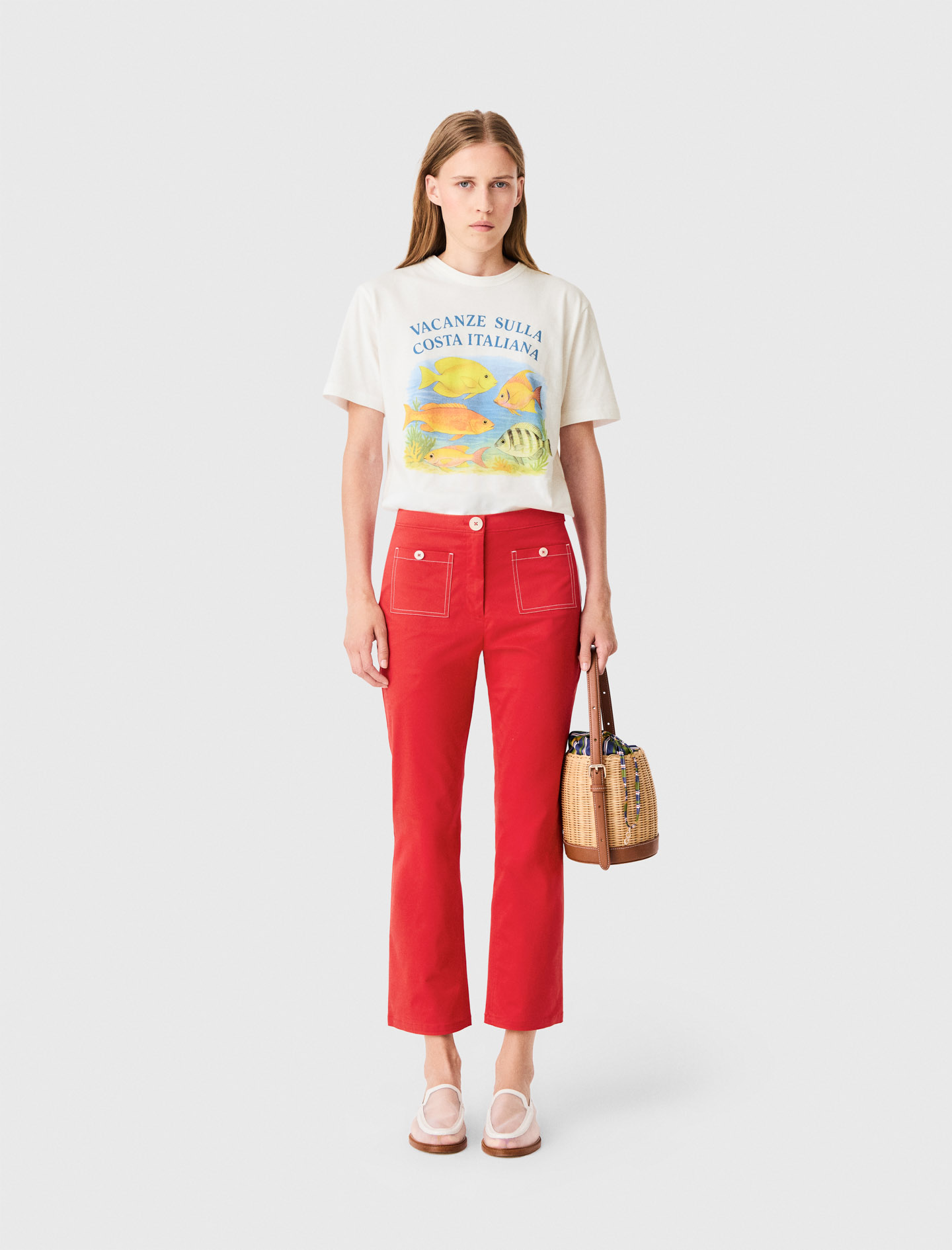 Pantalon Corsaire En Coton - Rouge - Taille 40 - Maje