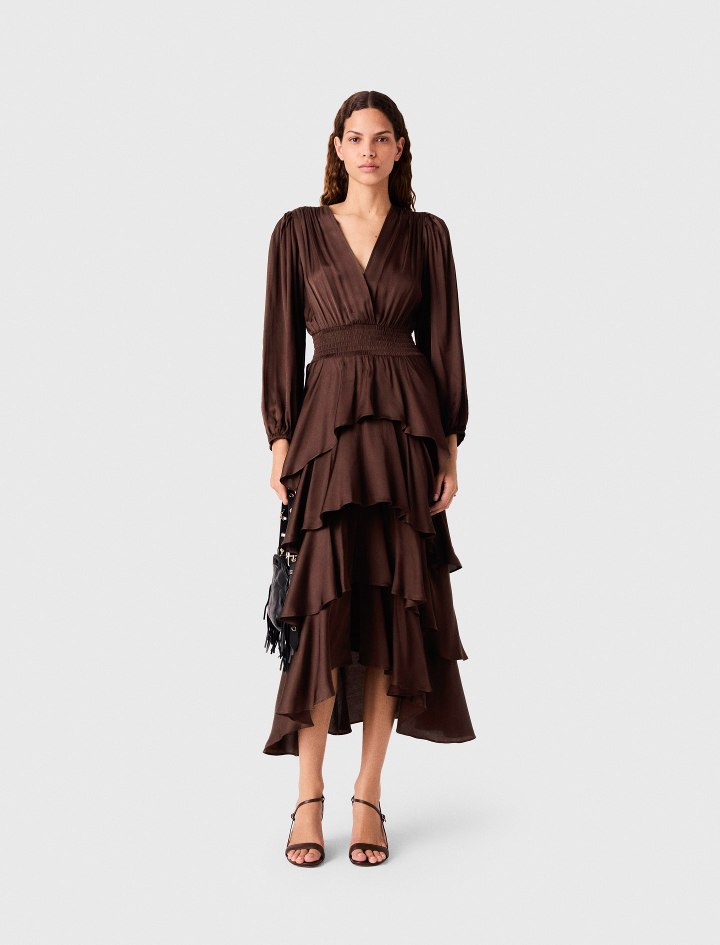 Robe Longue Fluide À Volants - Marron - Taille 42 - Maje