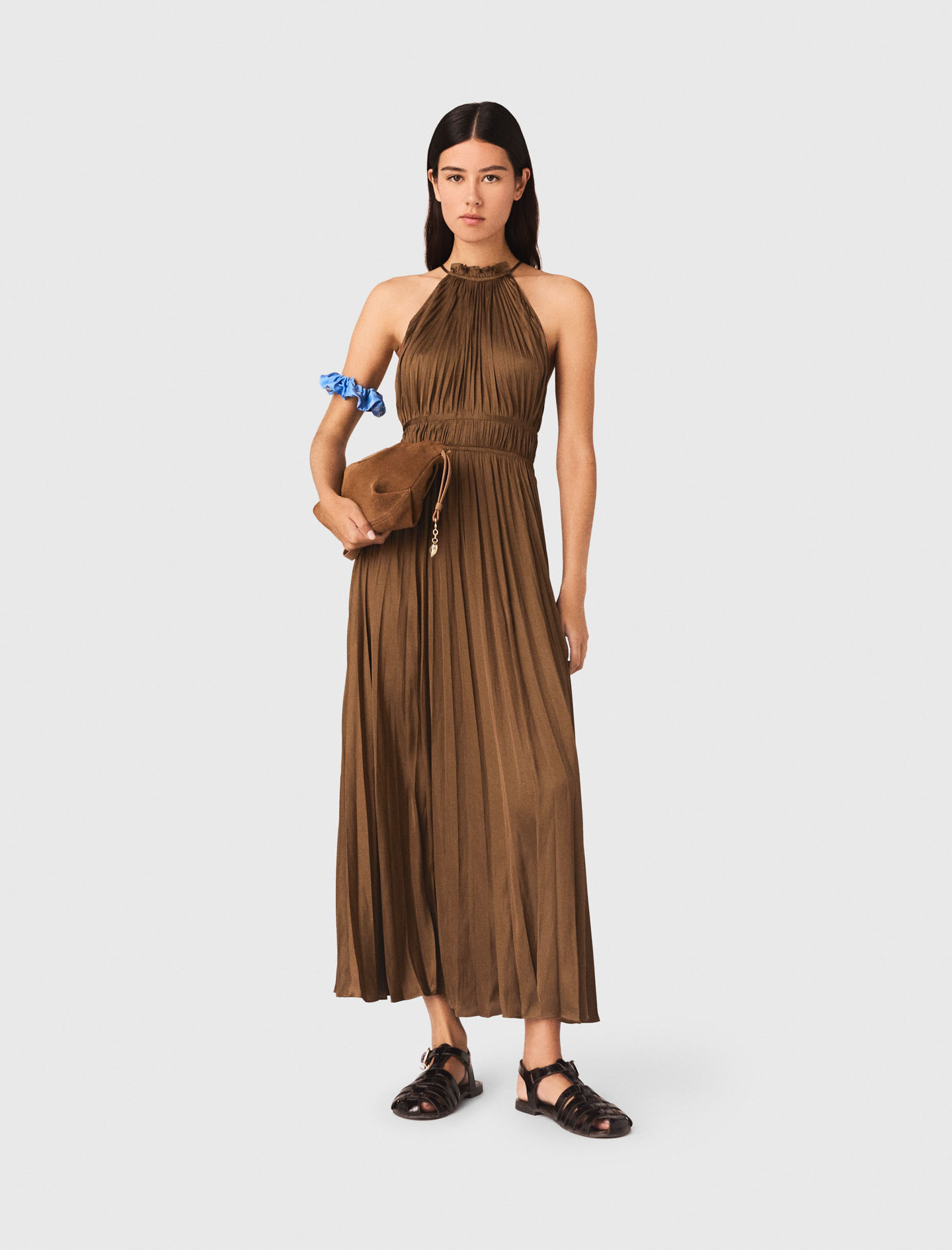 Robe Longue Plissée - Marron - Taille 40 - Maje