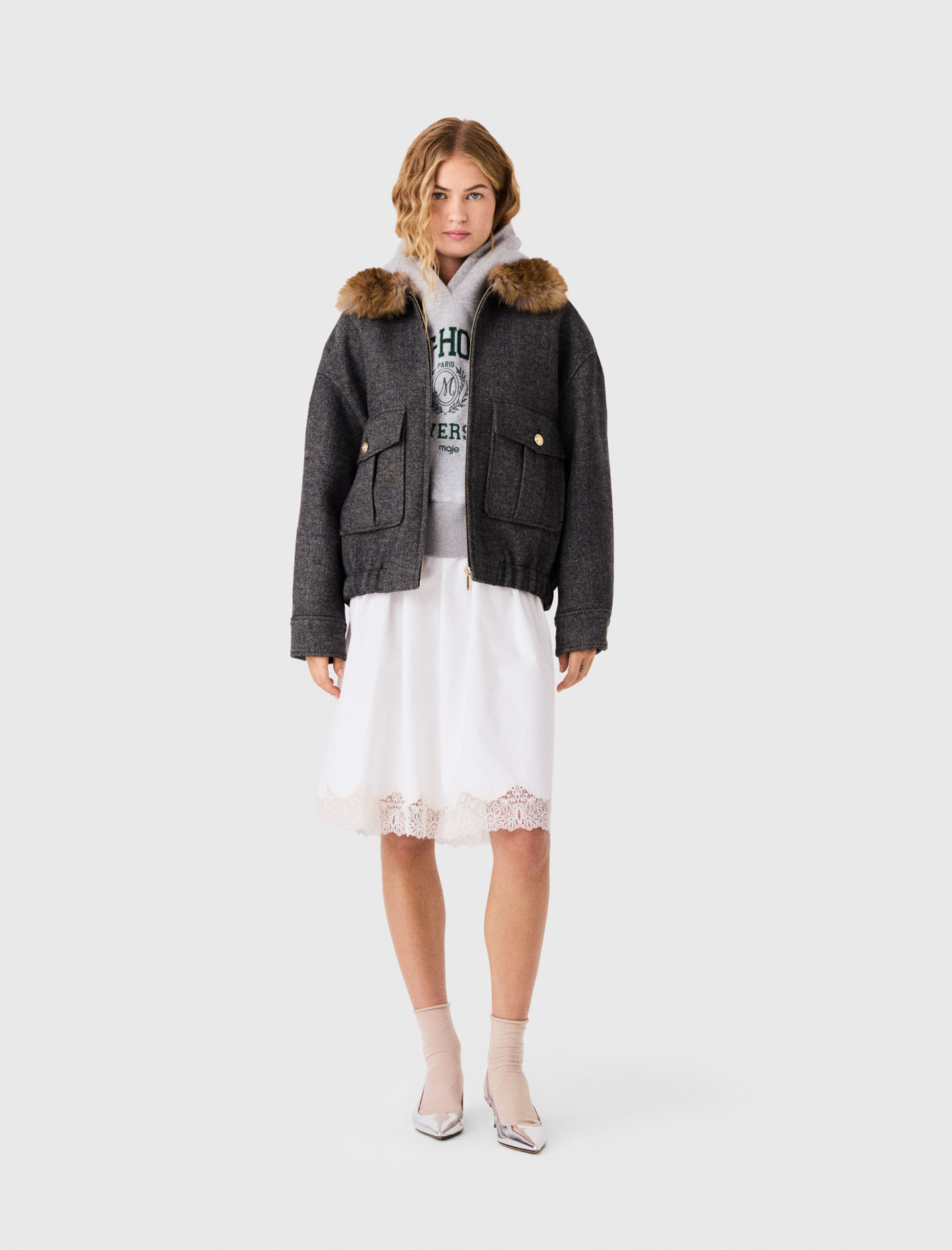 Blouson Oversize Effet Chevrons - Gris - Taille 36 - Maje