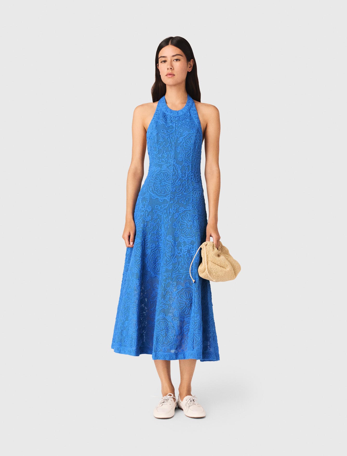 Robe Longue Dos Nu En Guipure - Bleu - Taille 38 - Maje